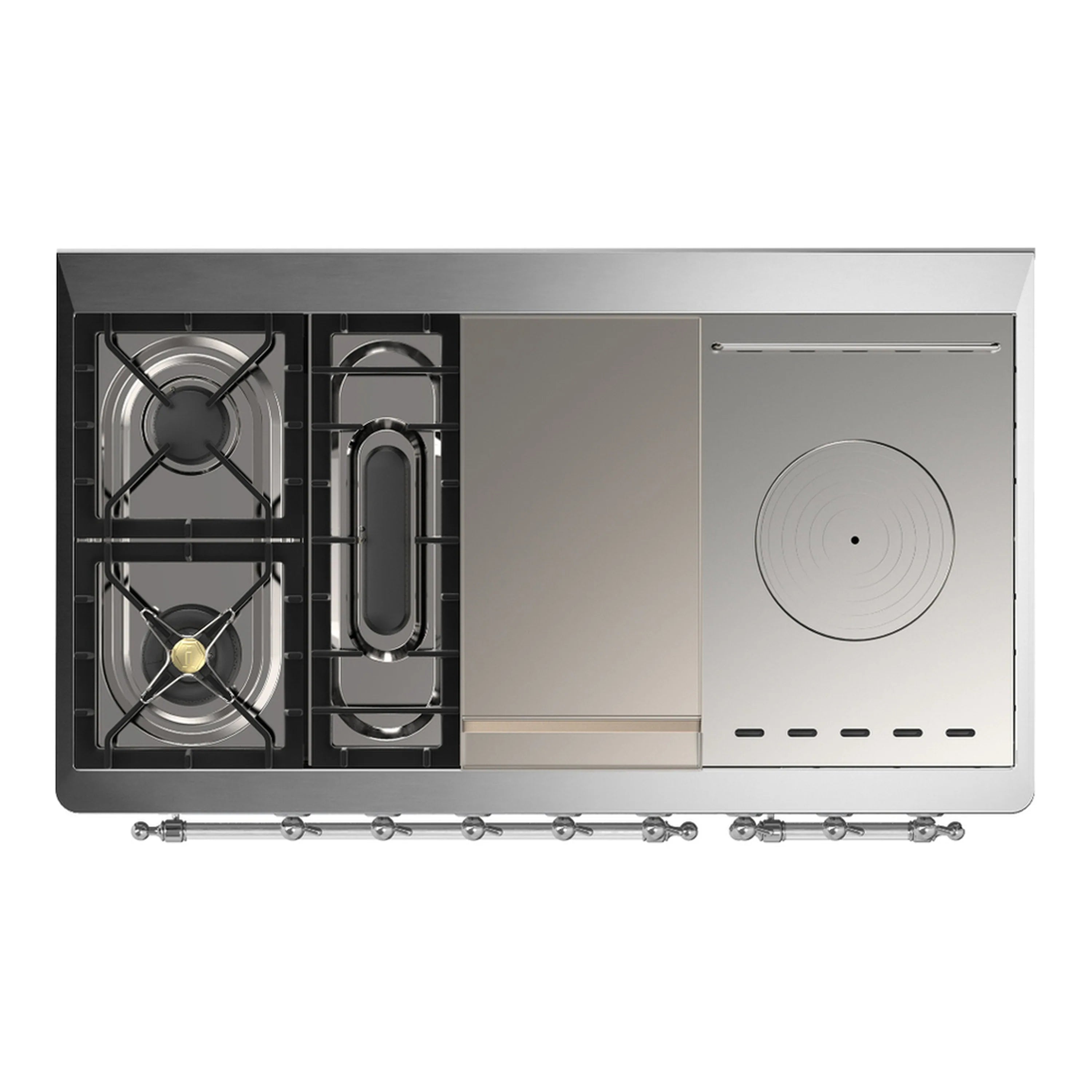 Stainless steel dual fuel range with exposed burner grates and a rear service panel