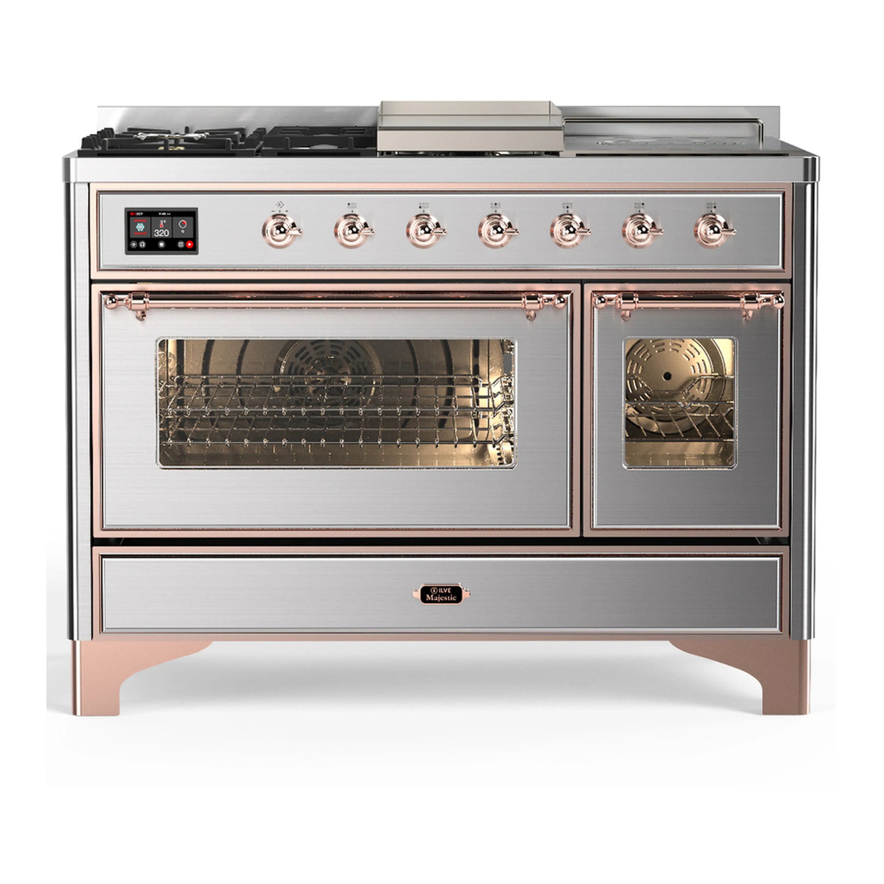 Stainless steel dual fuel range with copper-trimmed controls and two glass oven doors