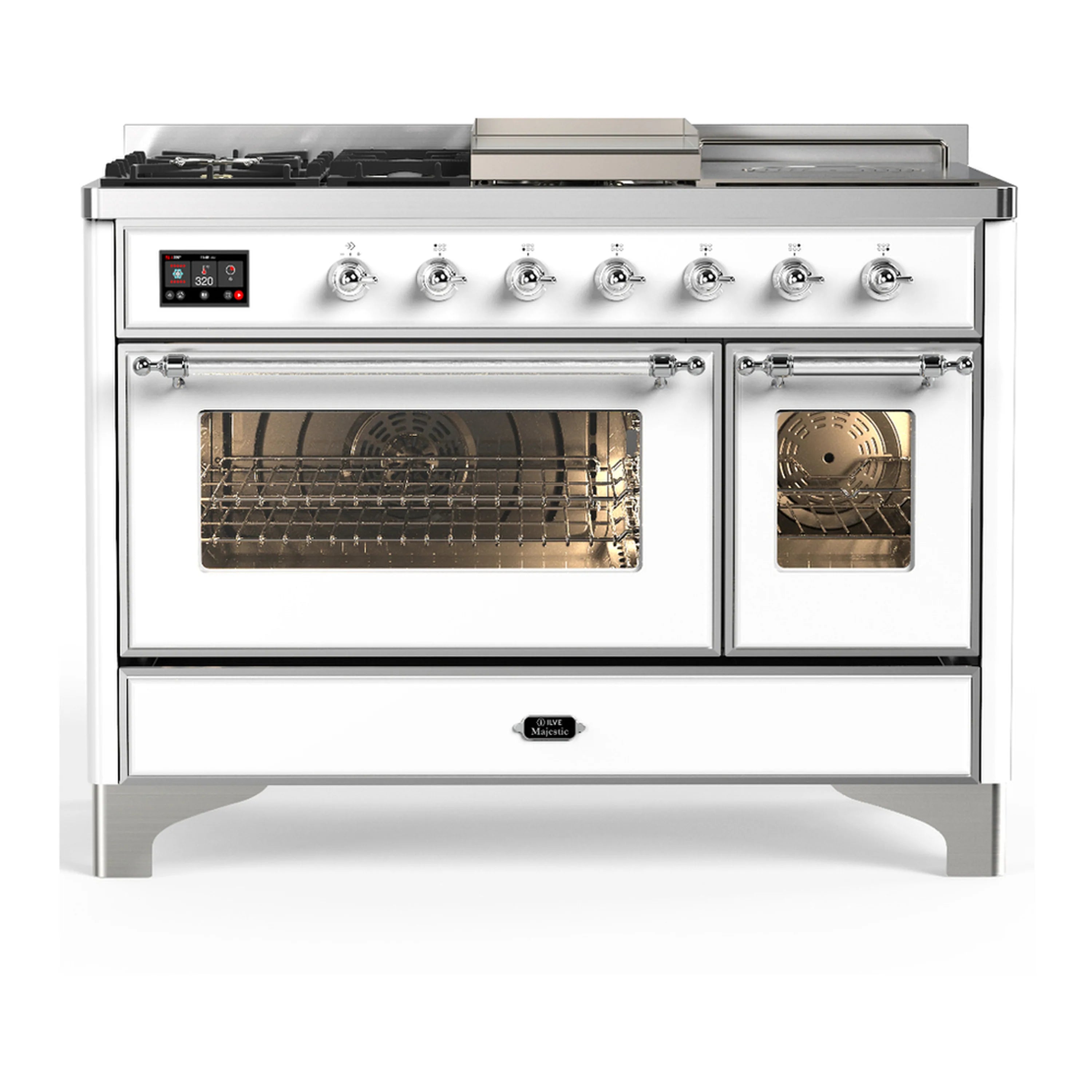 White dual-fuel range with chrome trim, both oven doors open, oven interiors visible