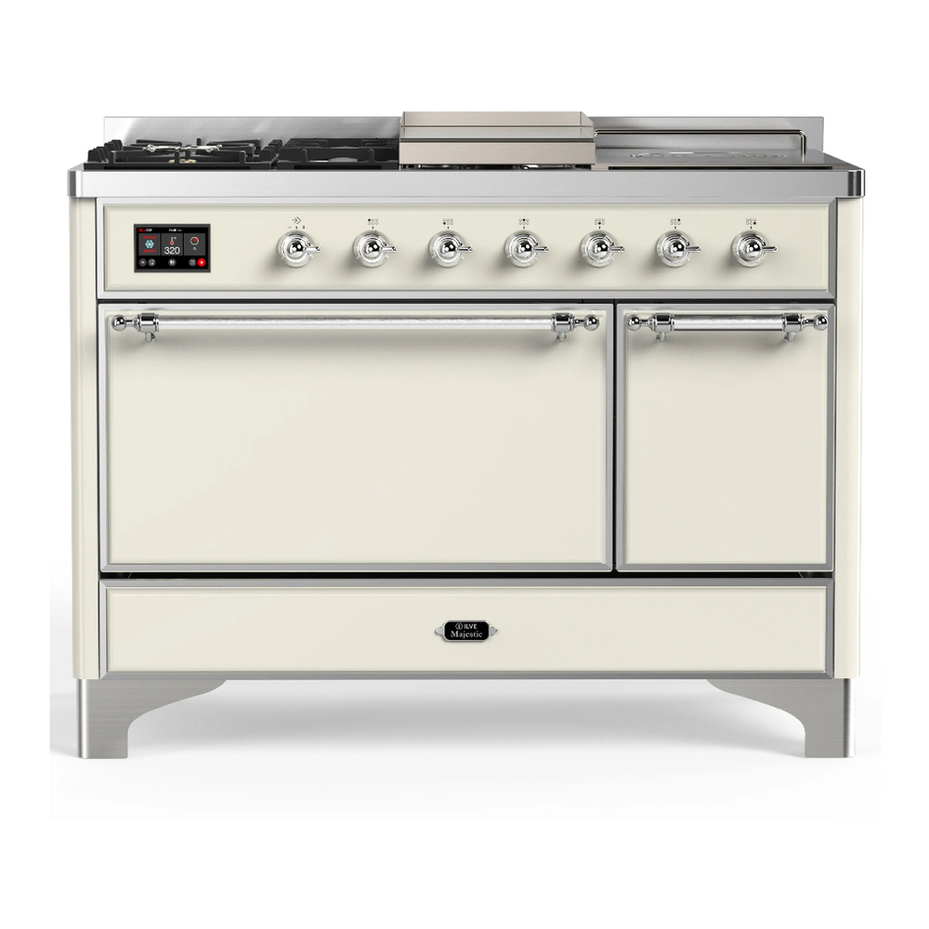 Antique white dual fuel range with chrome trim, knob row, griddle and oven doors