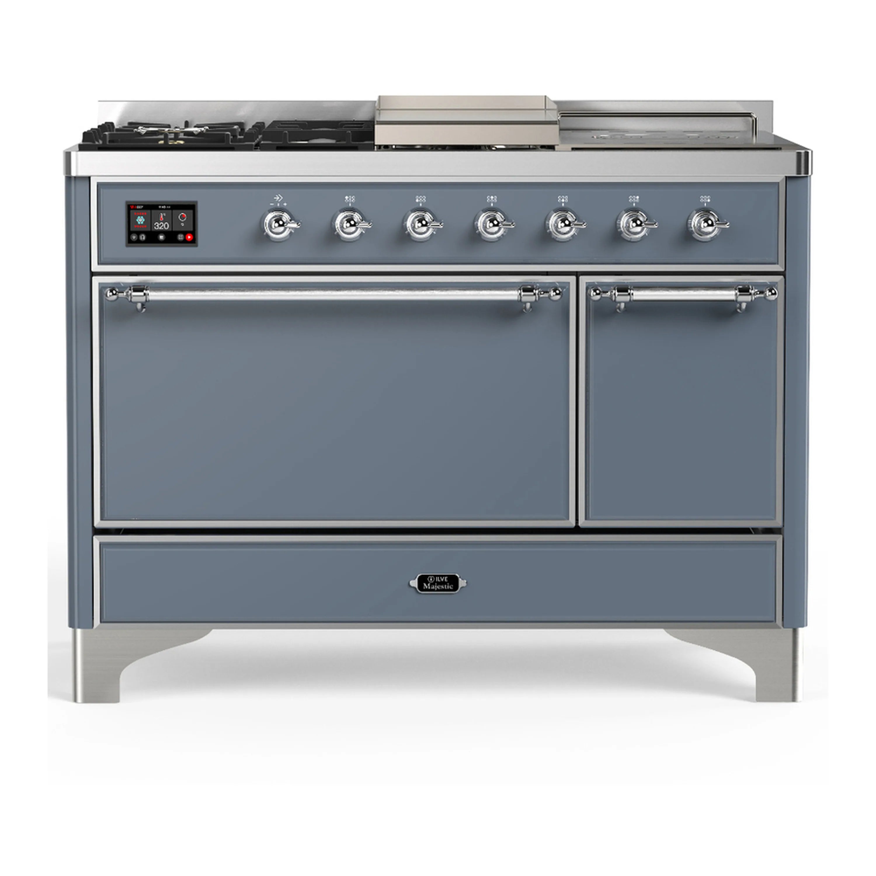 Blue grey dual fuel range with chrome trim, front control panel, and two solid doors