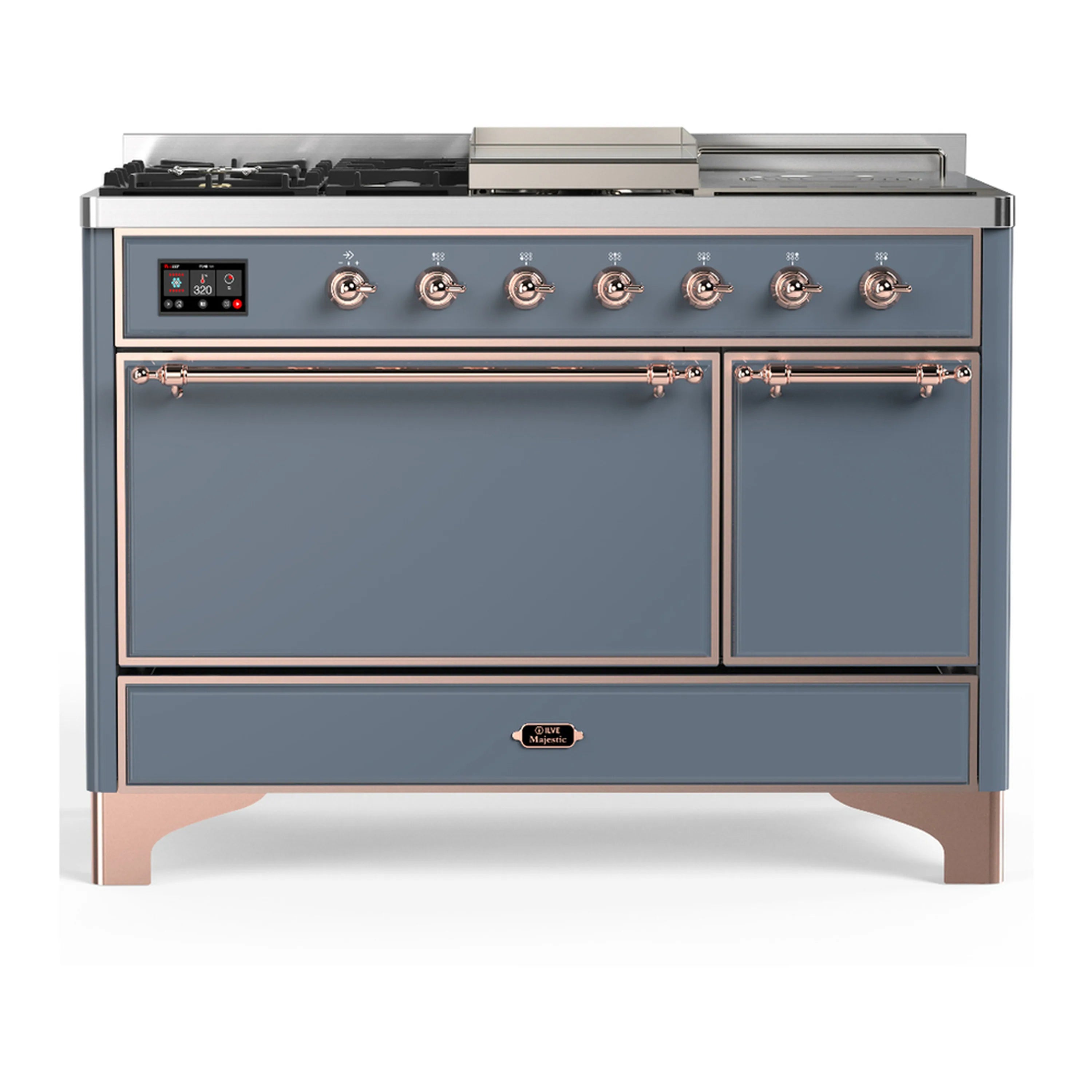 ILVE dual fuel range, blue-grey with copper trim, two oven doors and front control knobs