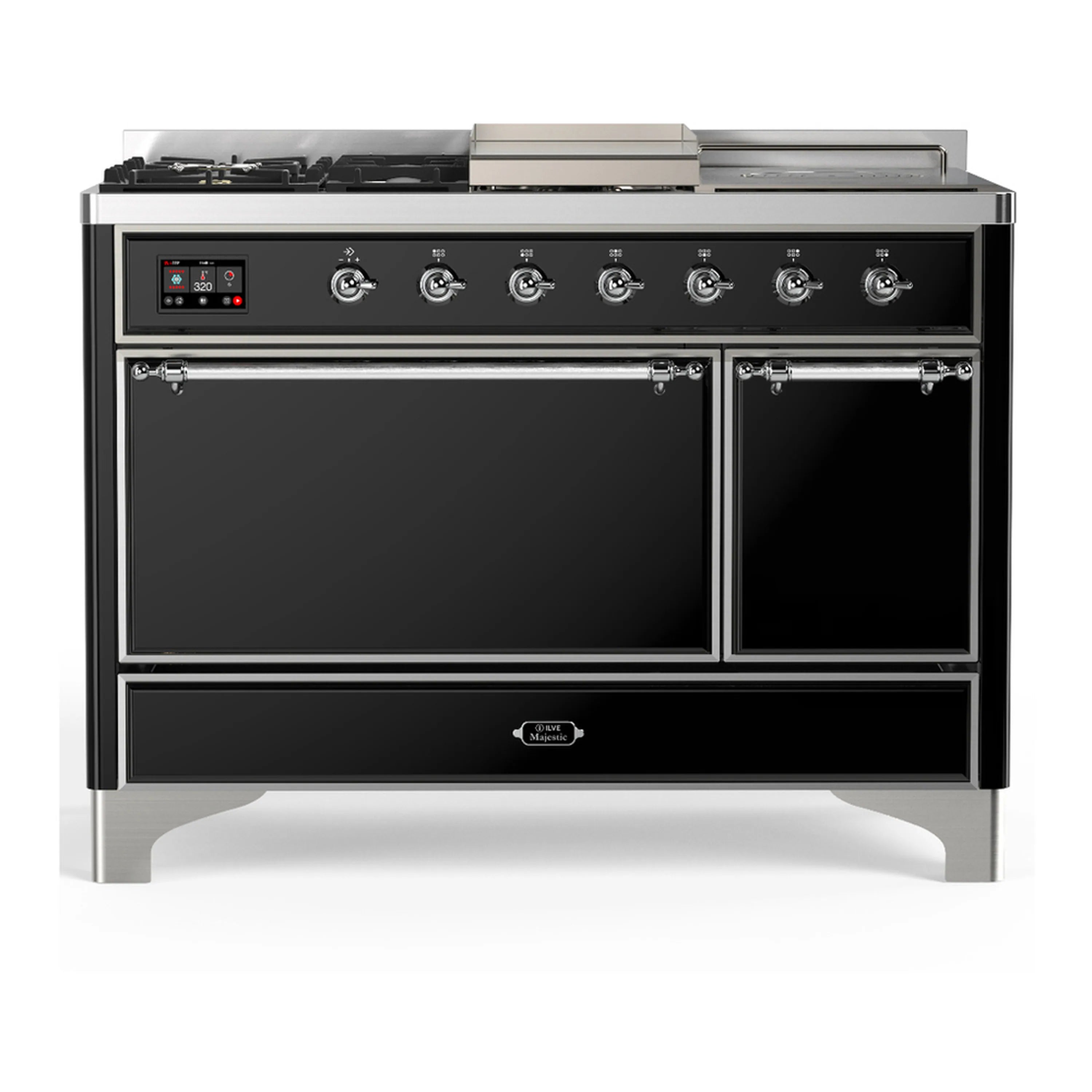 Glossy black dual fuel range with chrome trim and six front control knobs