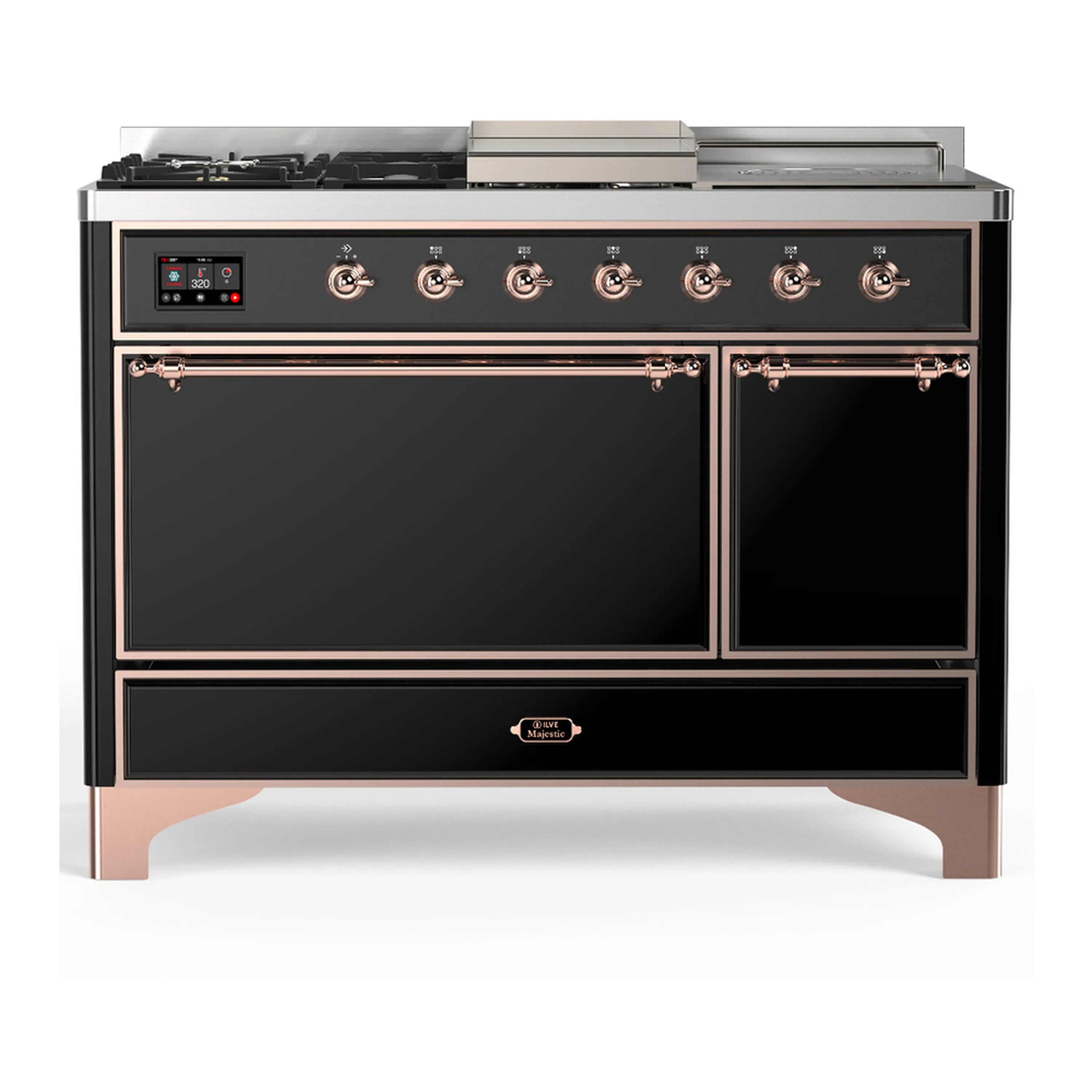 Dual fuel range in glossy black with copper trim, front control knobs and dual oven doors