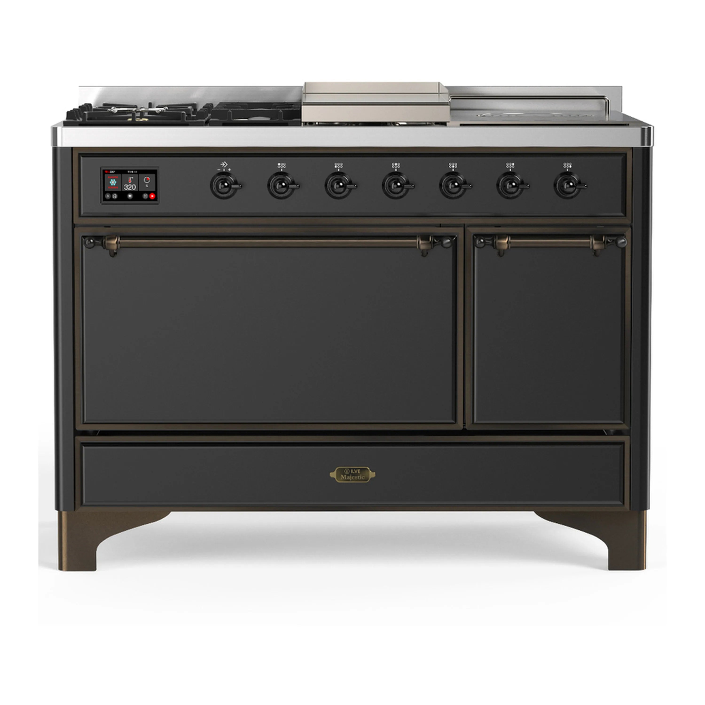 Graphite matte dual fuel range with two oven doors, lower drawer, and front control knobs.