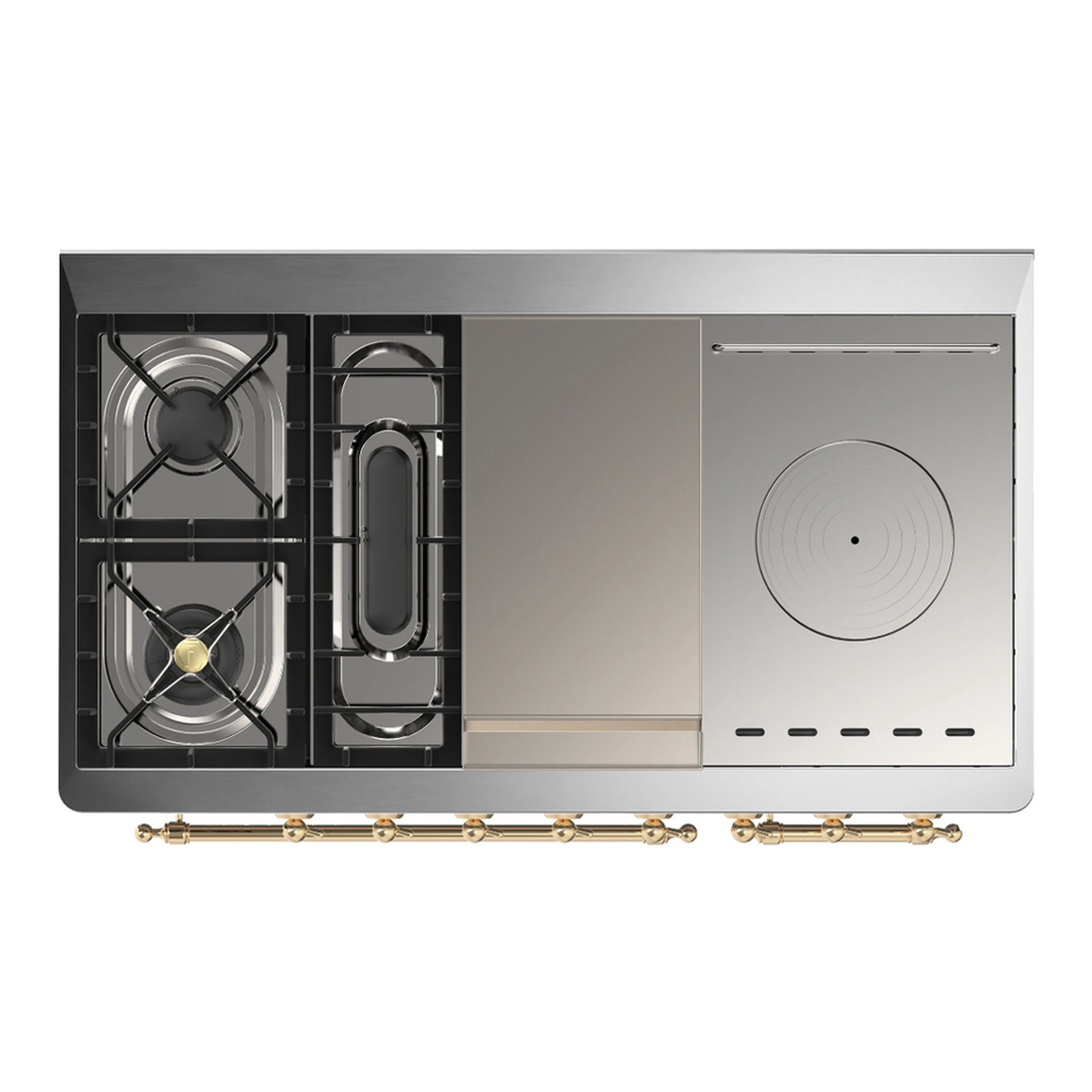 Side view of graphite dual fuel range with burner grates and circular oven fan