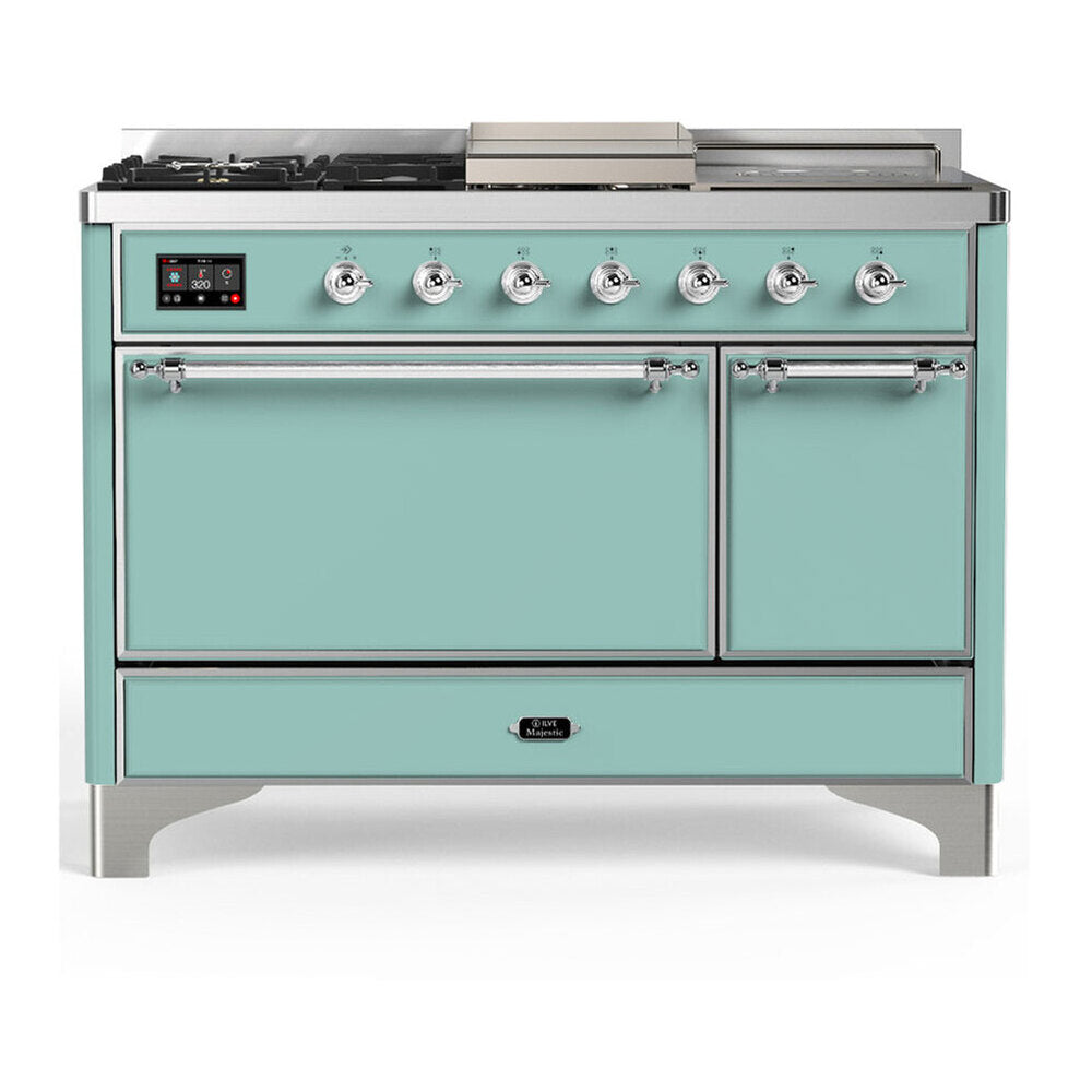 ILVE Majestic III 48-inch Dual Fuel Range with 5 Natural Gas Burner, Griddle, French Top and Solid Door Electric Oven in Mediterranean Mint with Chrome Trim (UM48FSQNR3MMC)