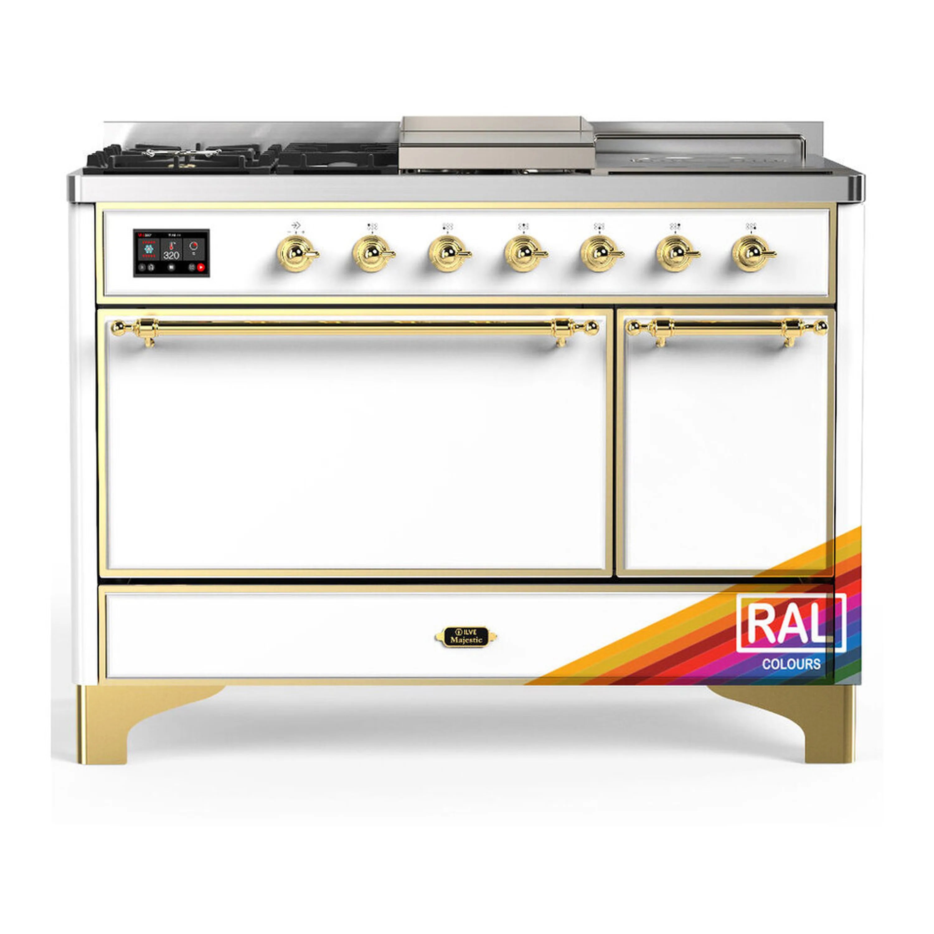Dual fuel range with brass-trimmed doors, front knobs, and multi-burner cooktop