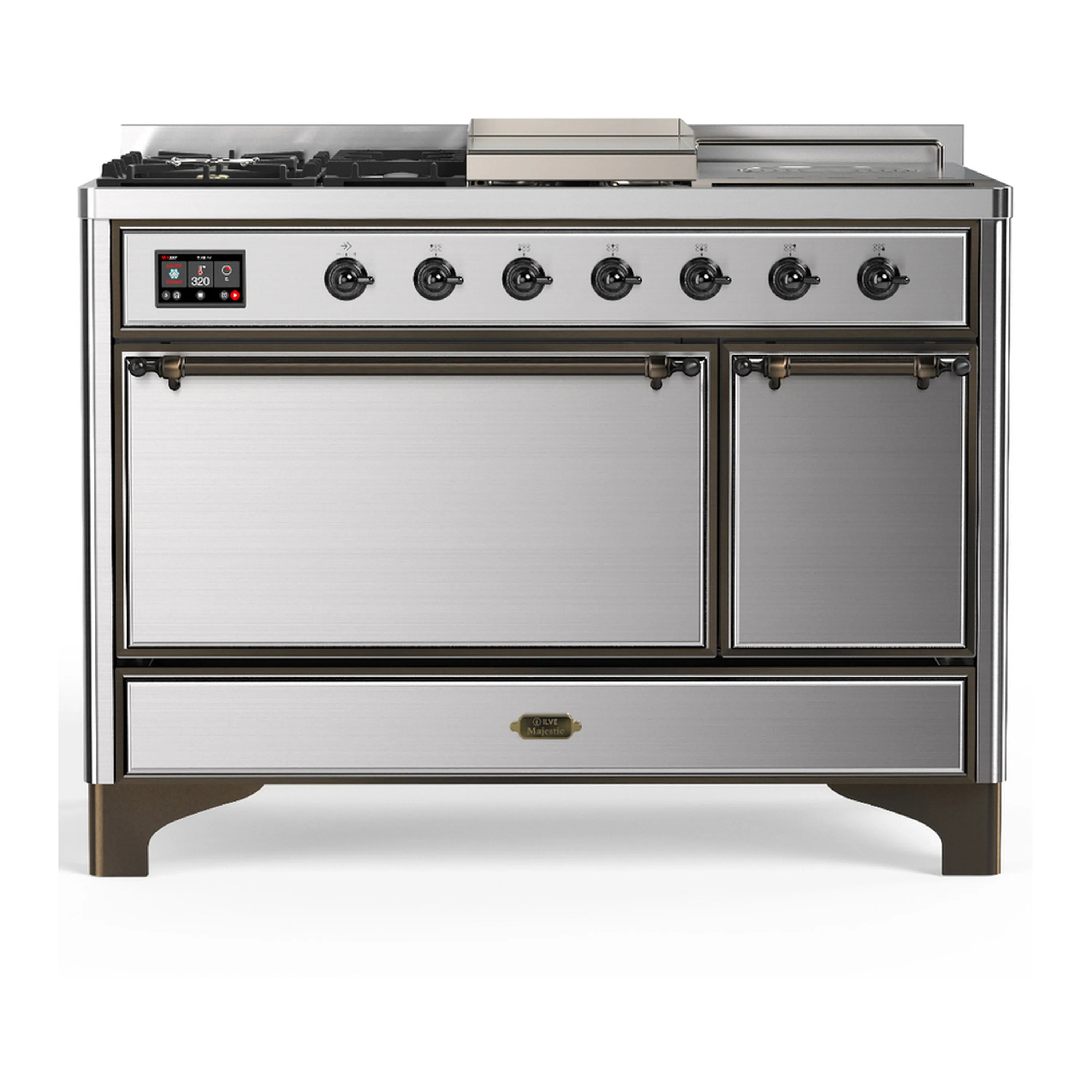 Stainless steel dual fuel range front view with control panel and two closed doors