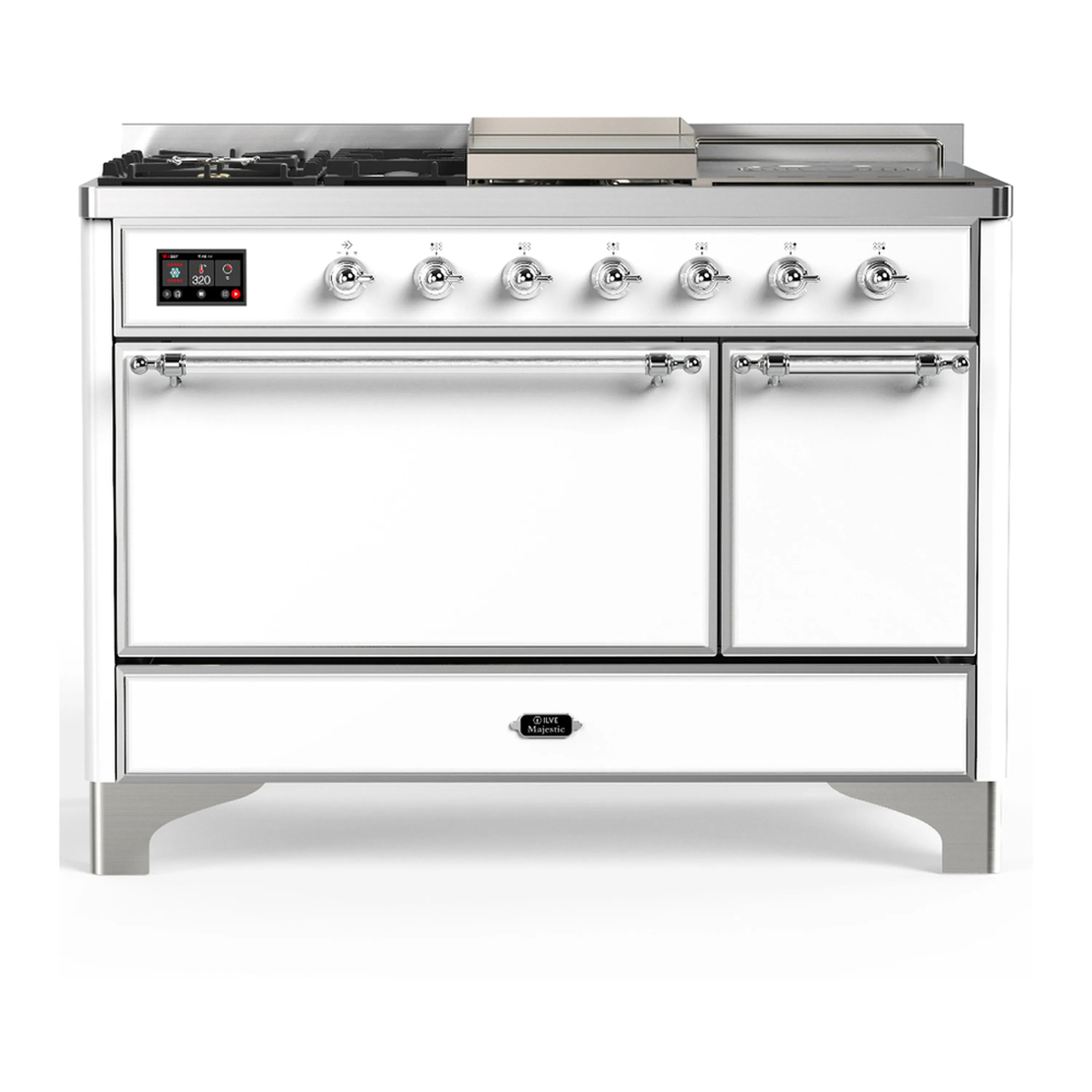 White dual fuel range with chrome trim; oven doors open to interior shelves and heating element