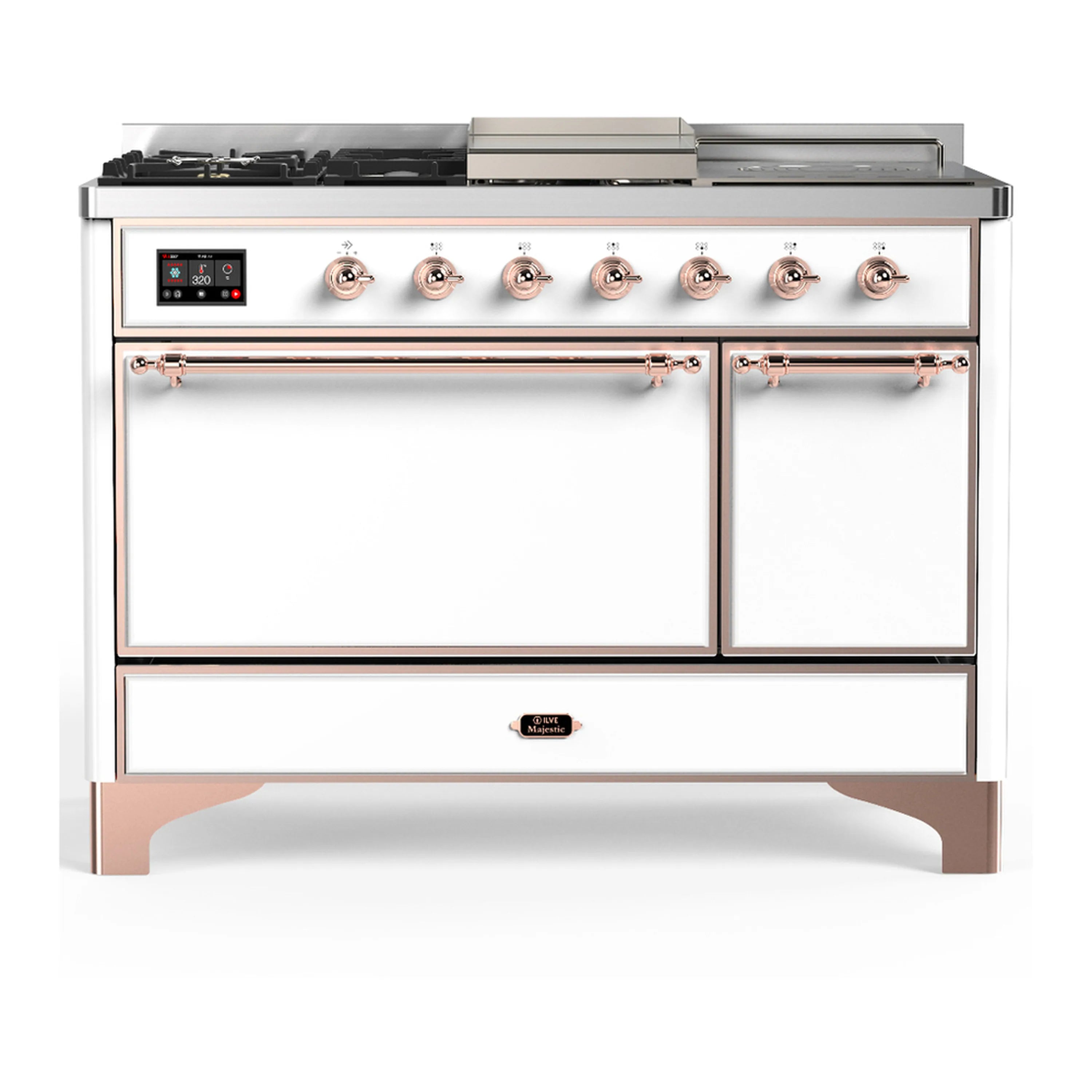 White dual fuel range front view with copper-trim oven doors and control knobs