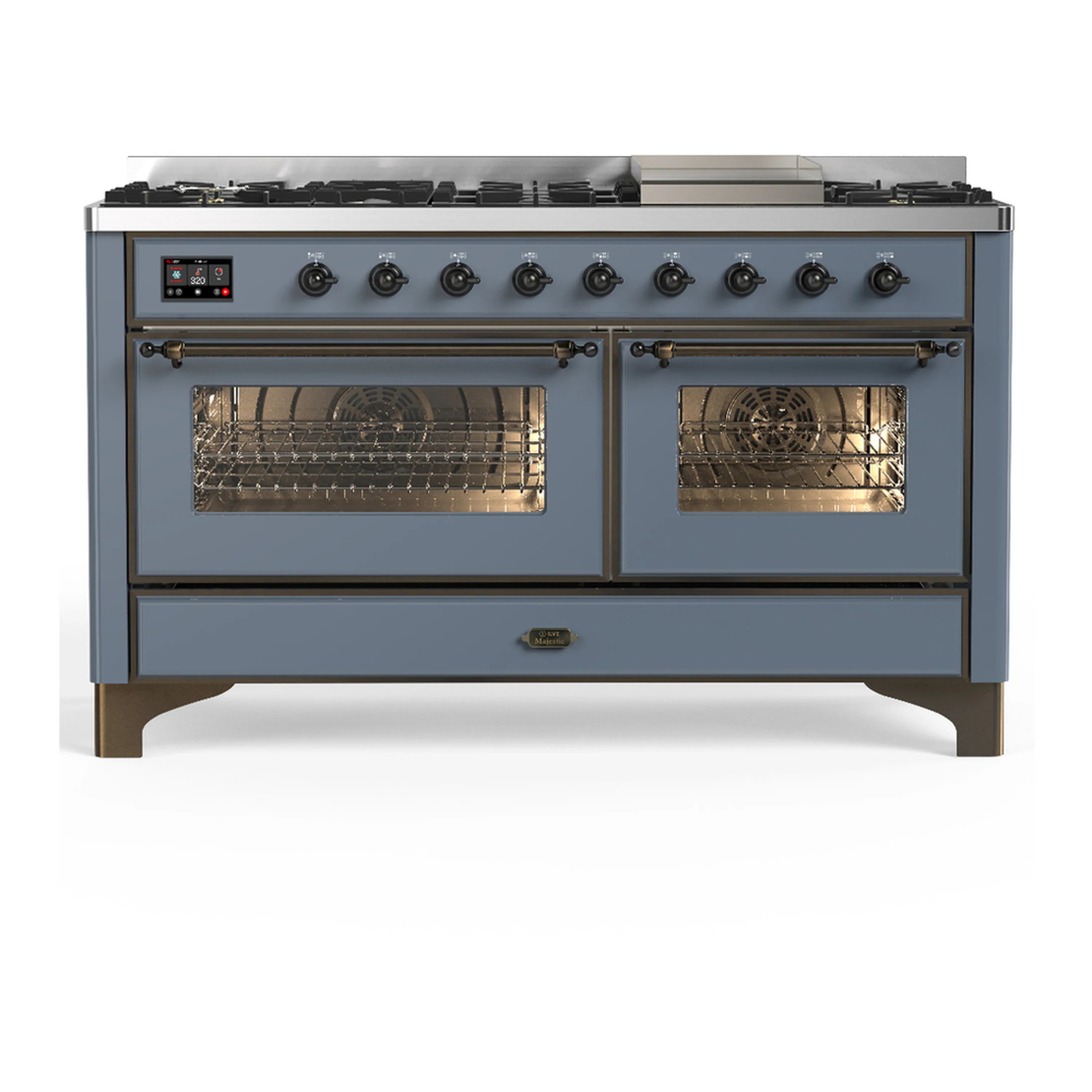 Blue-grey dual fuel range front view with two oven doors open and control panel