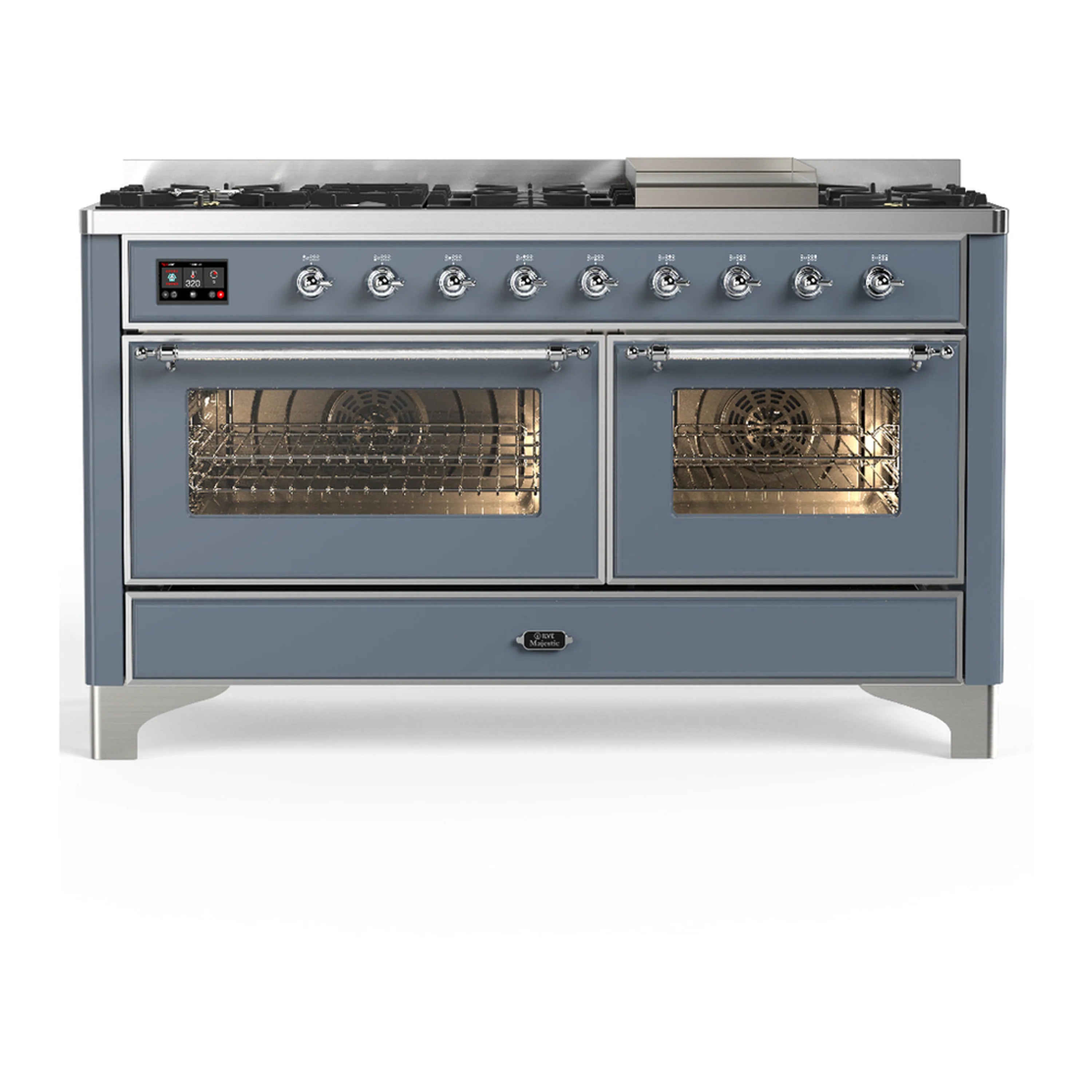Blue-grey dual fuel range with chrome trim; both oven doors open with oven racks