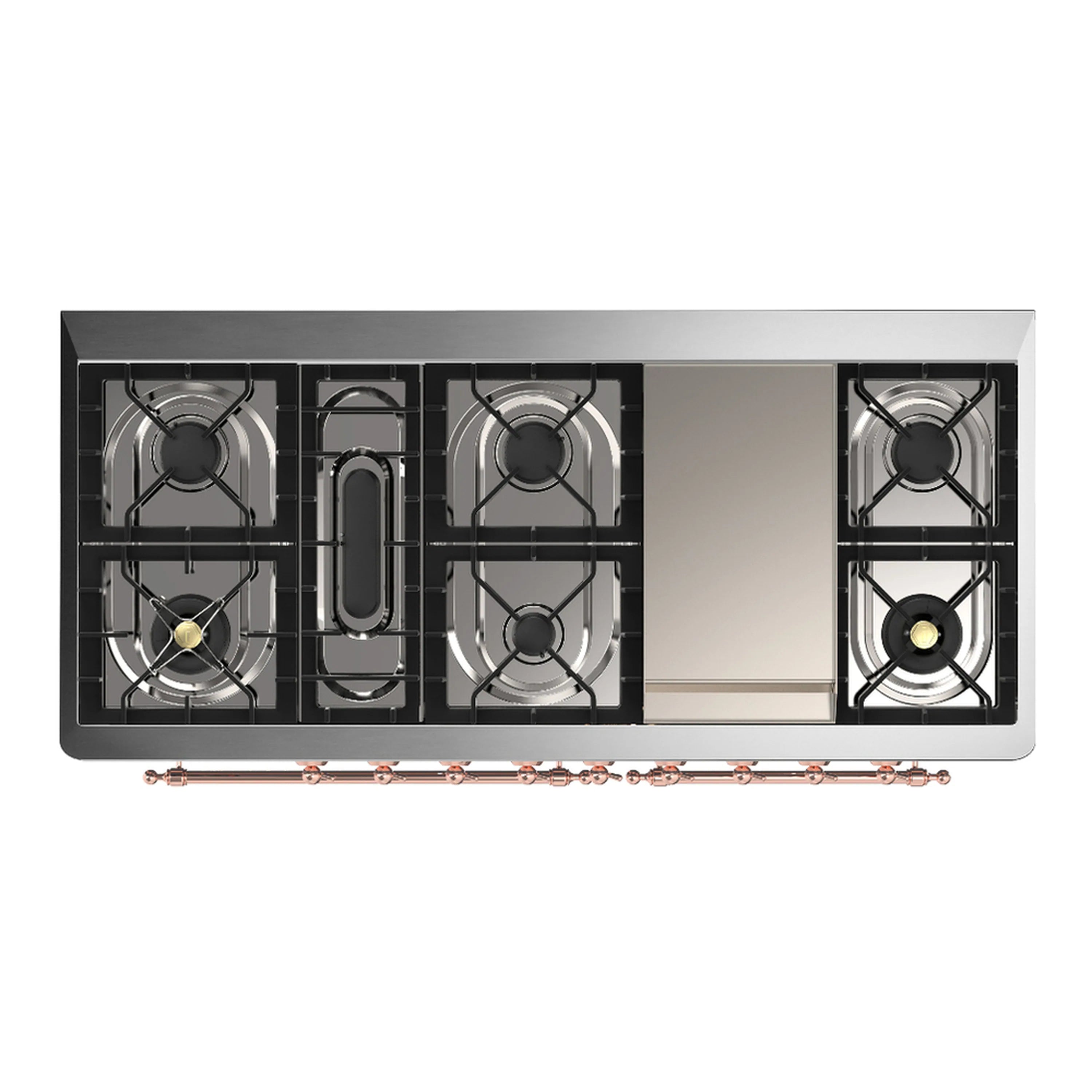 Dual fuel range cooktop burner layout with four black grates and copper burner accents