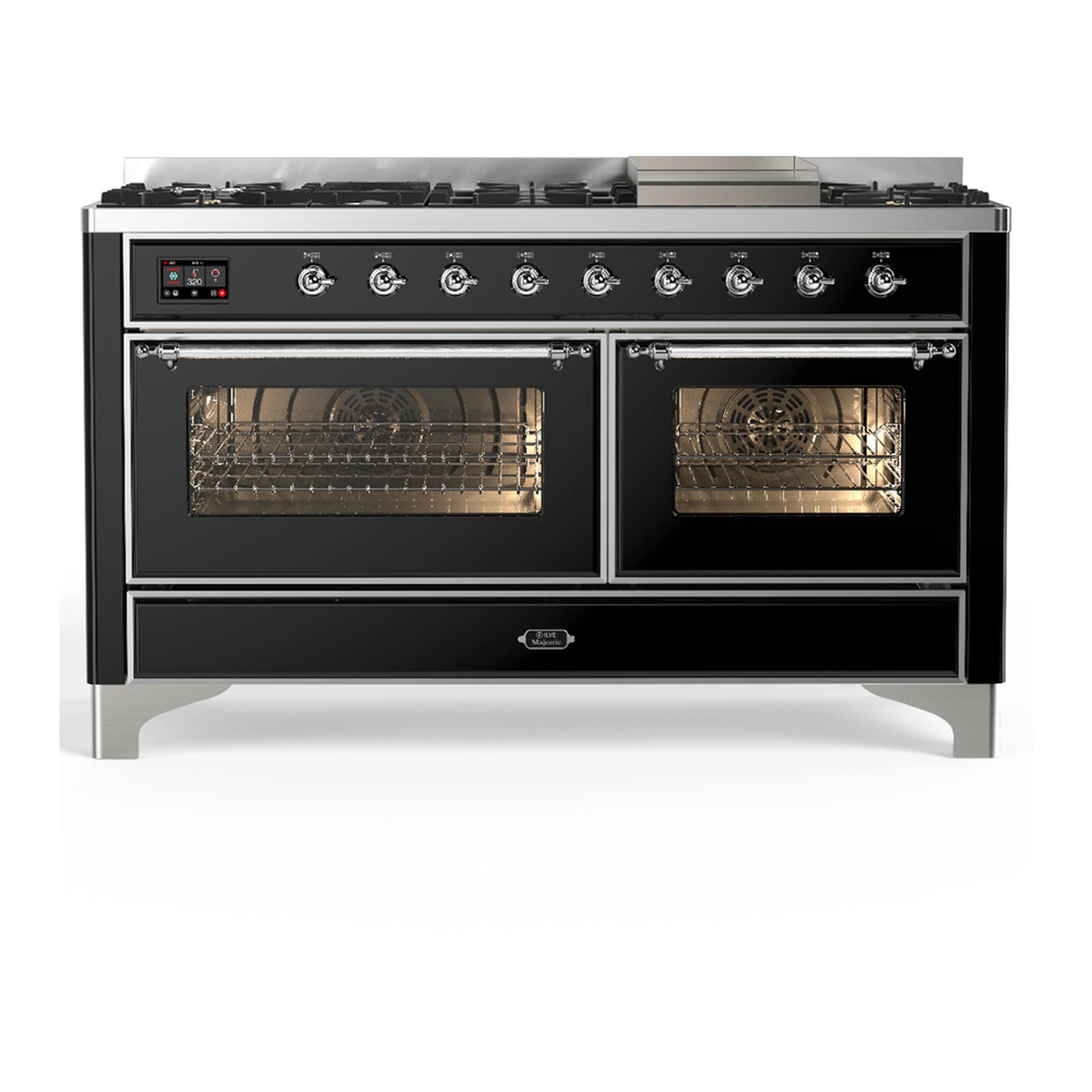 Glossy black dual fuel range with both oven interiors visible and front controls