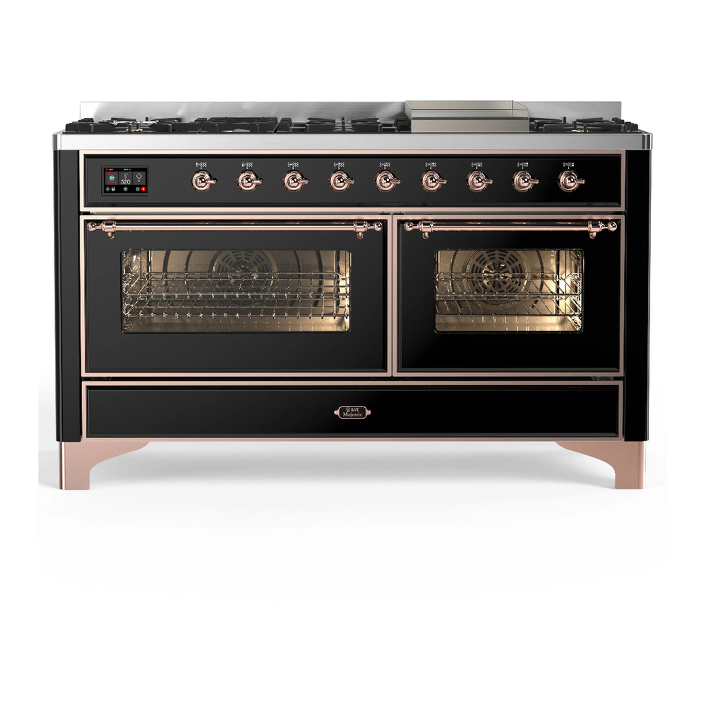 Black dual fuel range front view with two open ovens and control panel above
