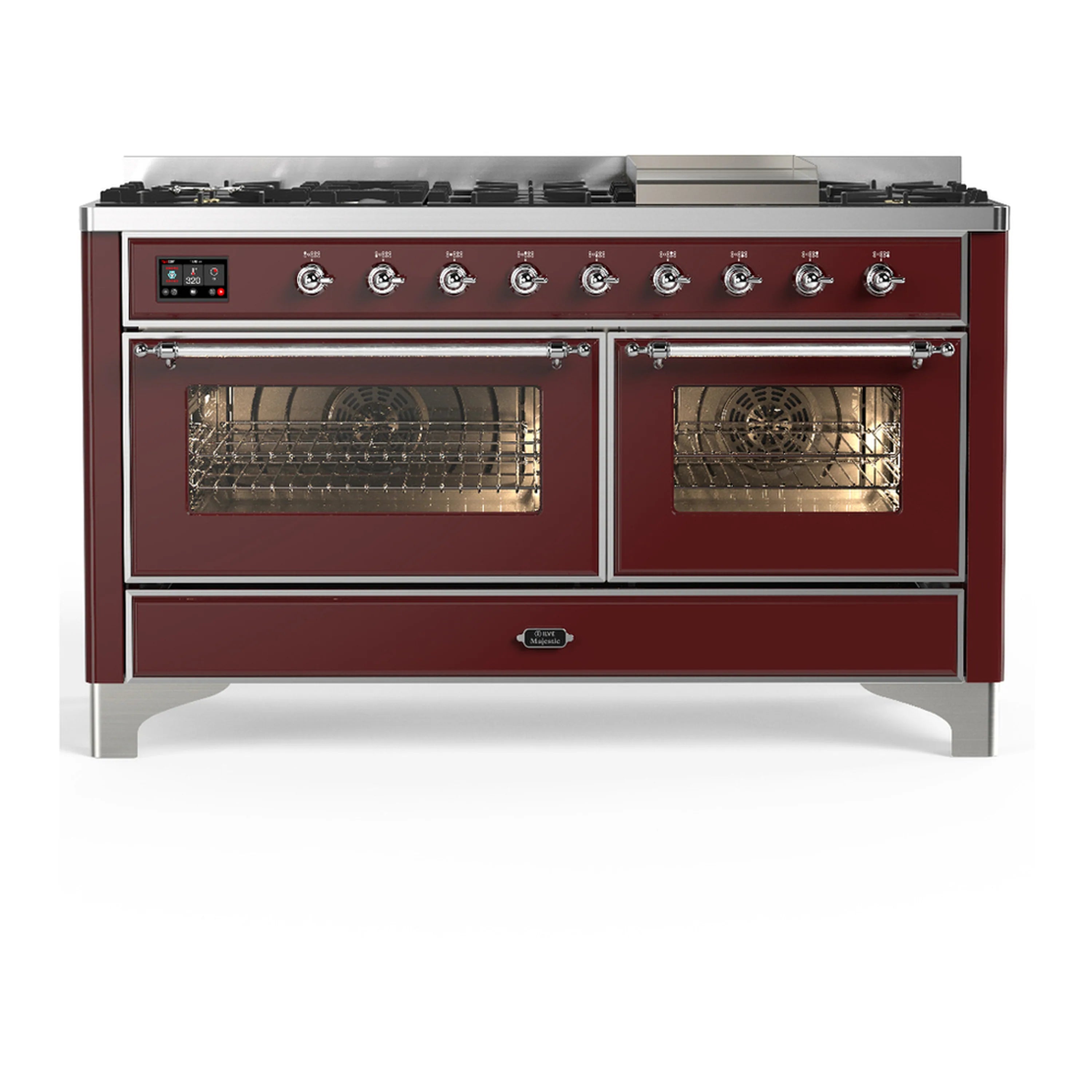 Burgundy dual fuel range with two oven doors closed, lit oven windows, chrome control panel