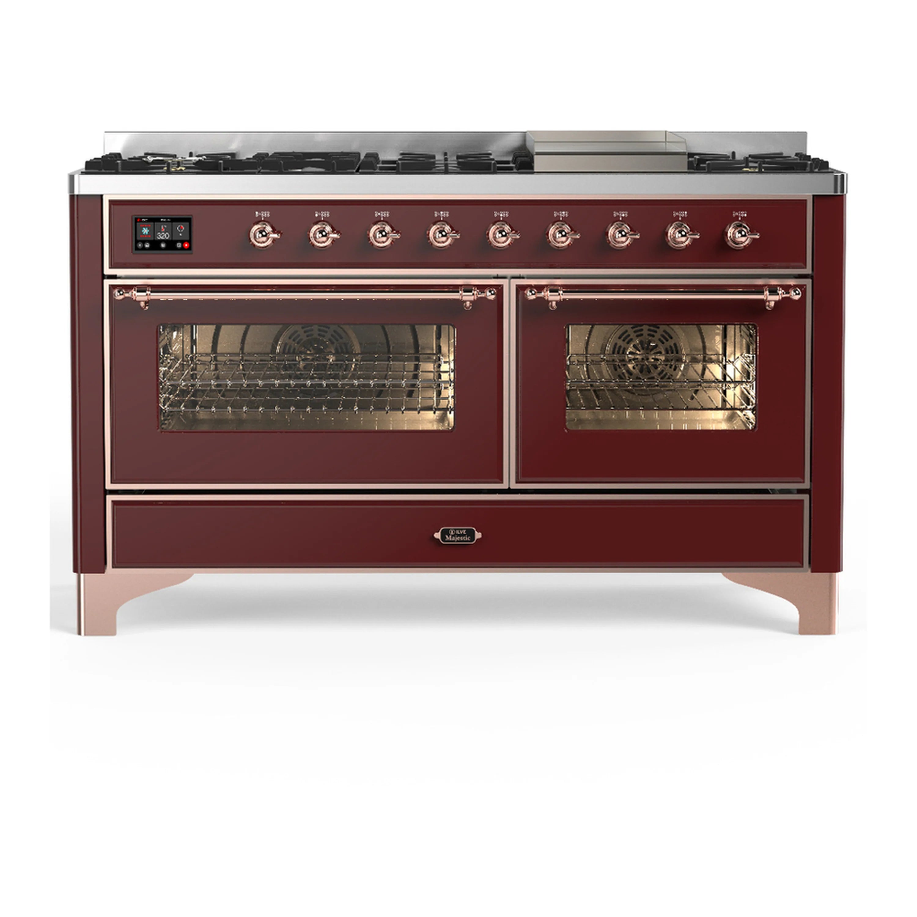 Burgundy dual fuel range with both ovens open and copper-trimmed front controls