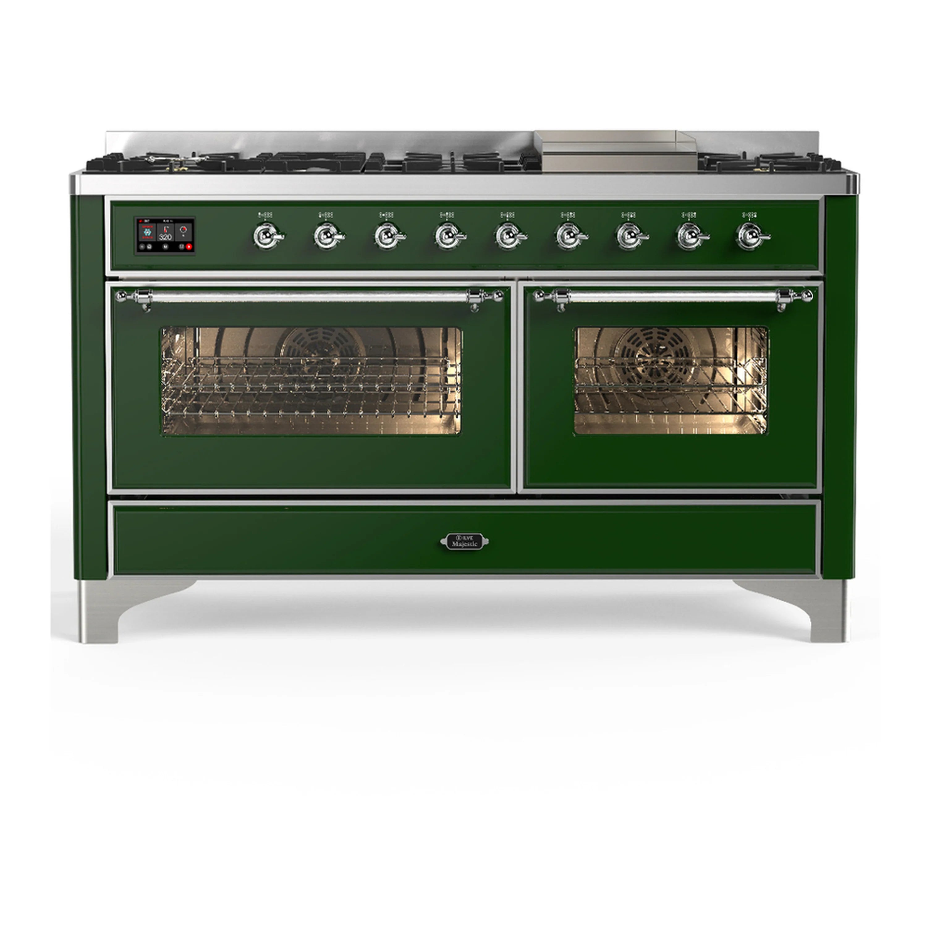 Emerald green dual fuel range with two open oven doors and illuminated interiors