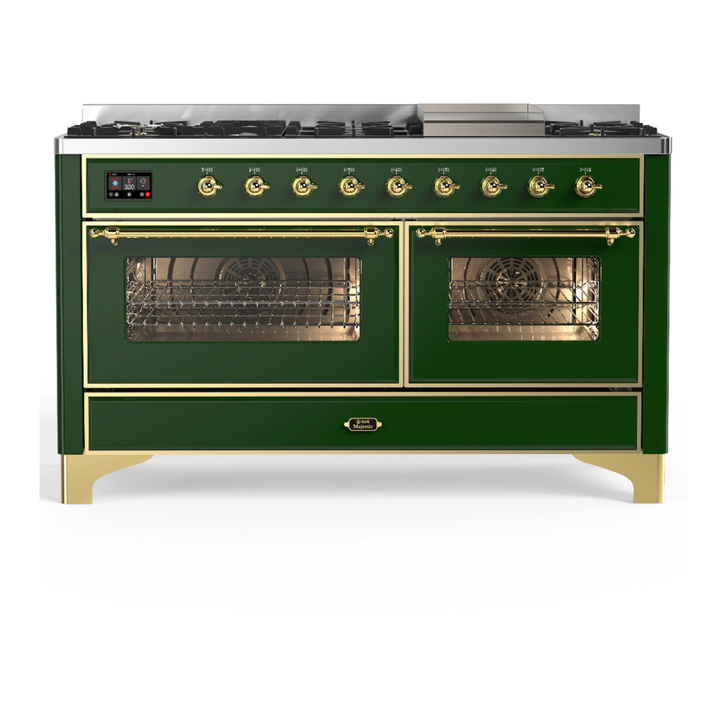 Emerald green dual fuel range with both oven doors open, wire racks visible, copper trim