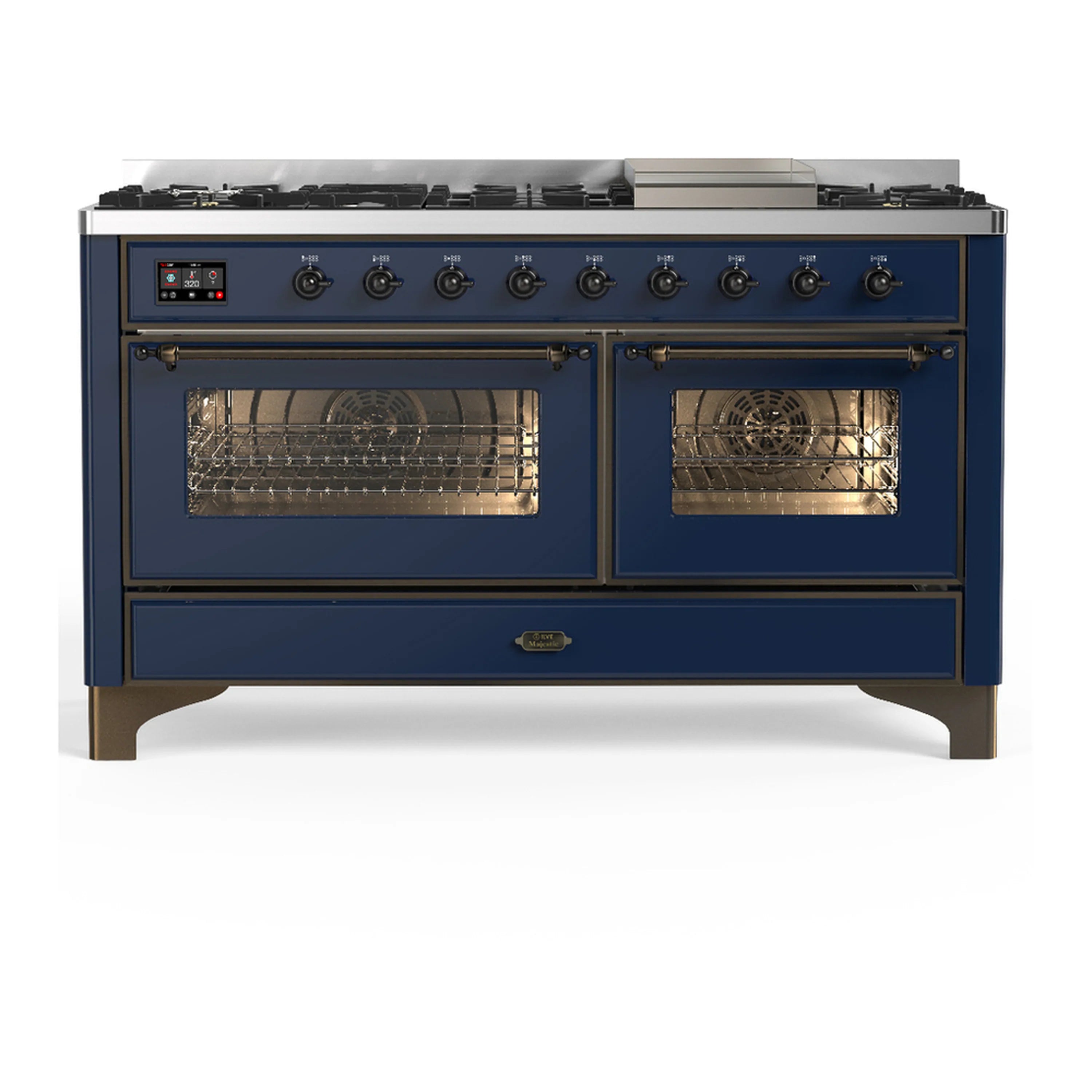 Midnight blue dual fuel range front view with two oven doors open and racks visible