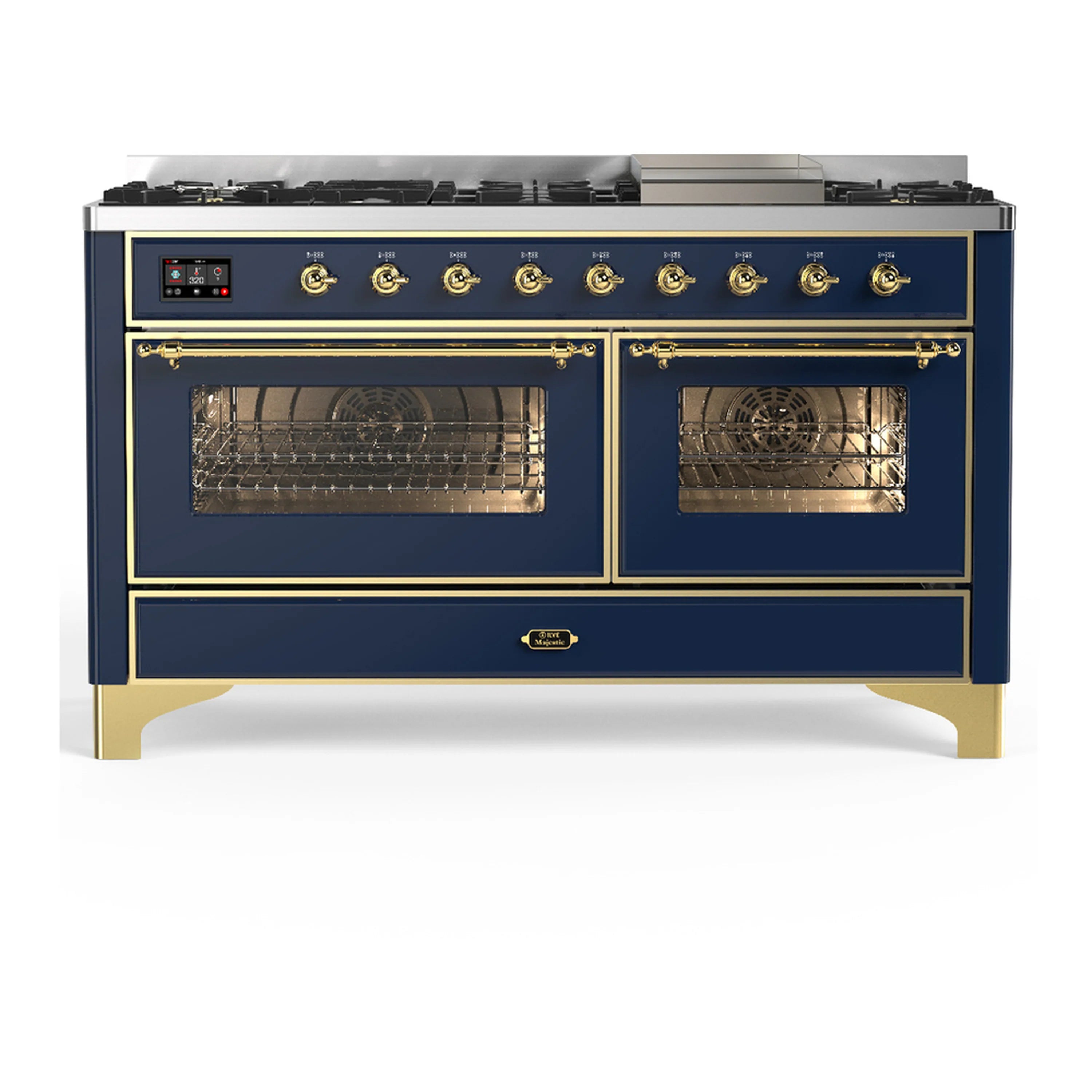 Blue-grey dual fuel range front view with brass trim and two oven doors open