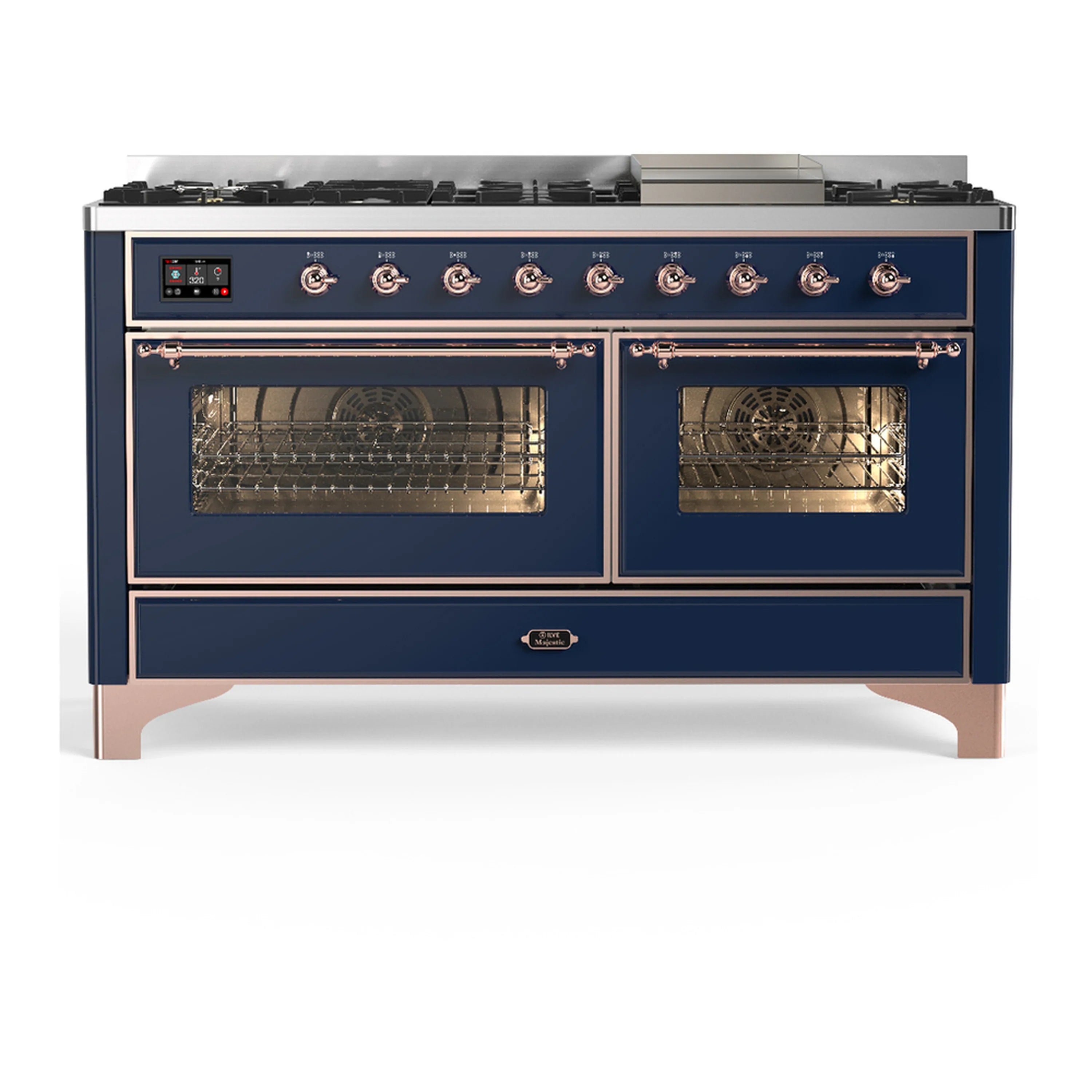Midnight blue dual fuel range front view with both oven doors open and copper-trimmed edges