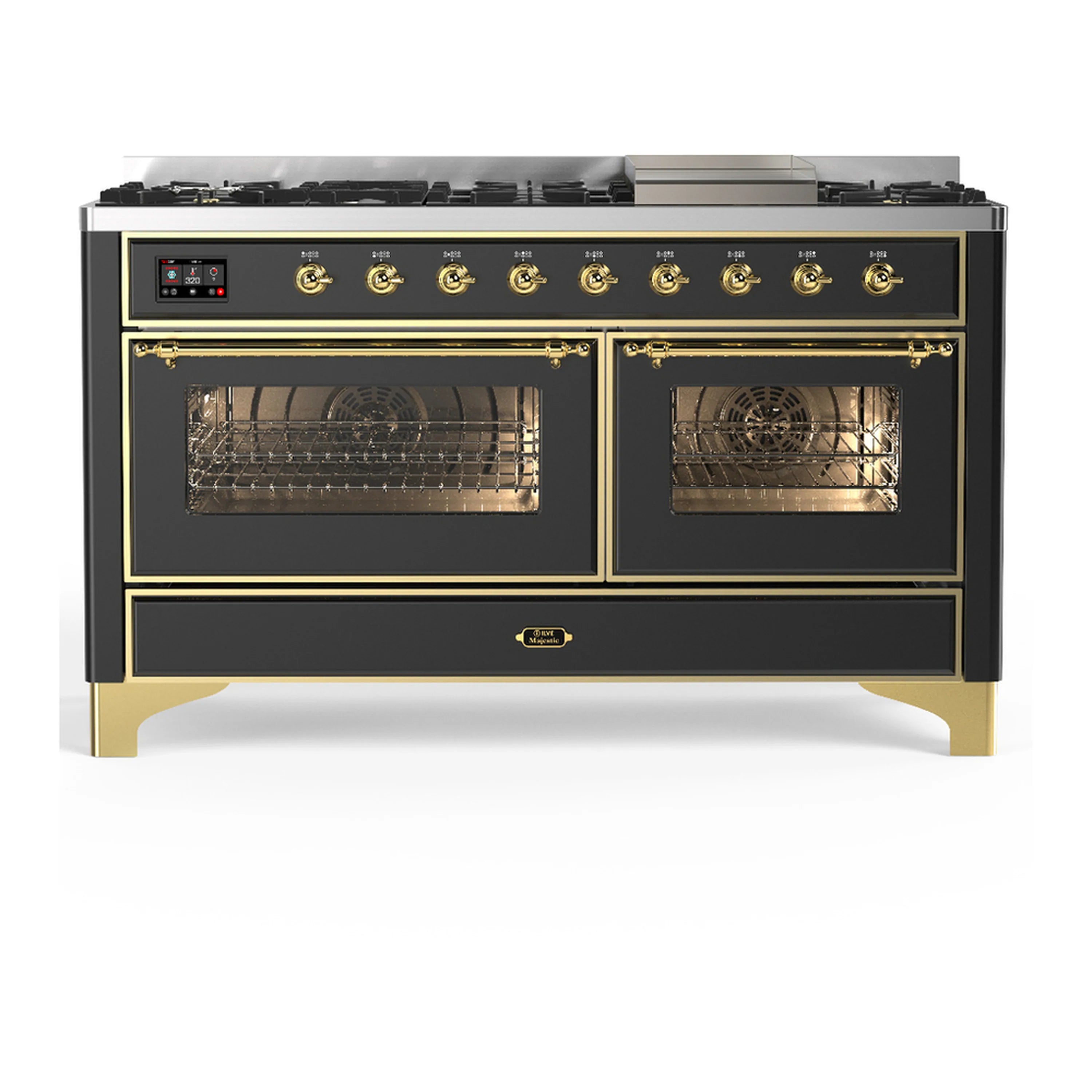 Graphite matte dual fuel range with brass trim, two ovens open, and front control panel