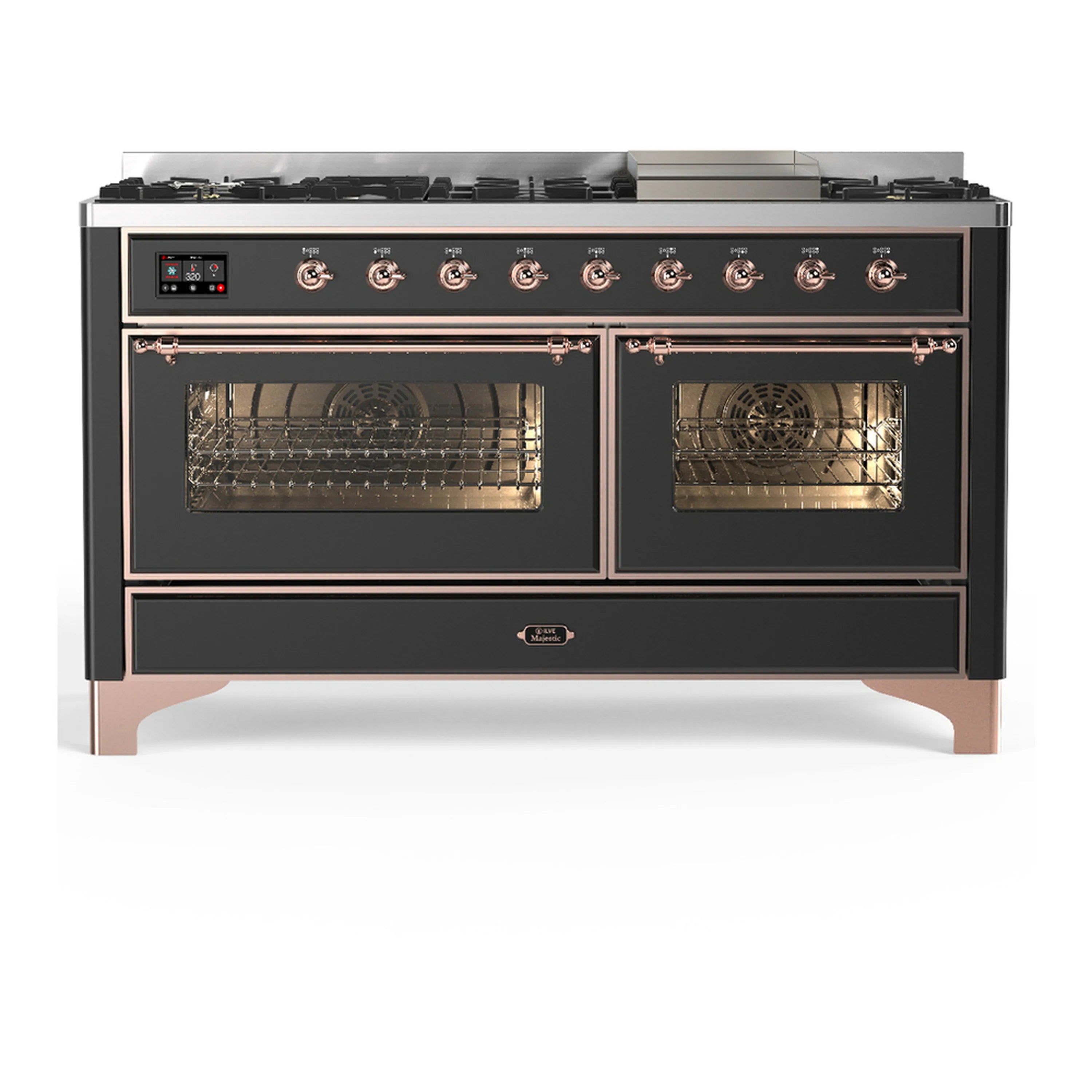 Dual fuel range front view with two oven doors open, wire racks visible