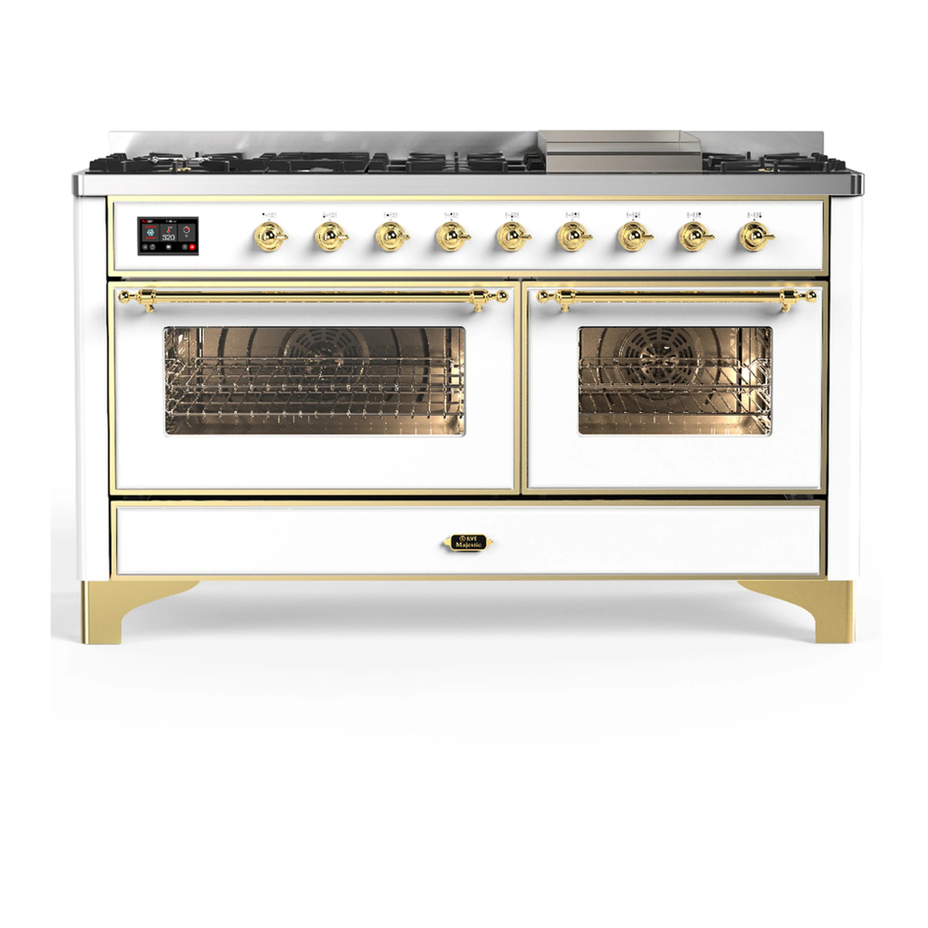 White dual fuel range with brass trim and two oven doors with glass fronts