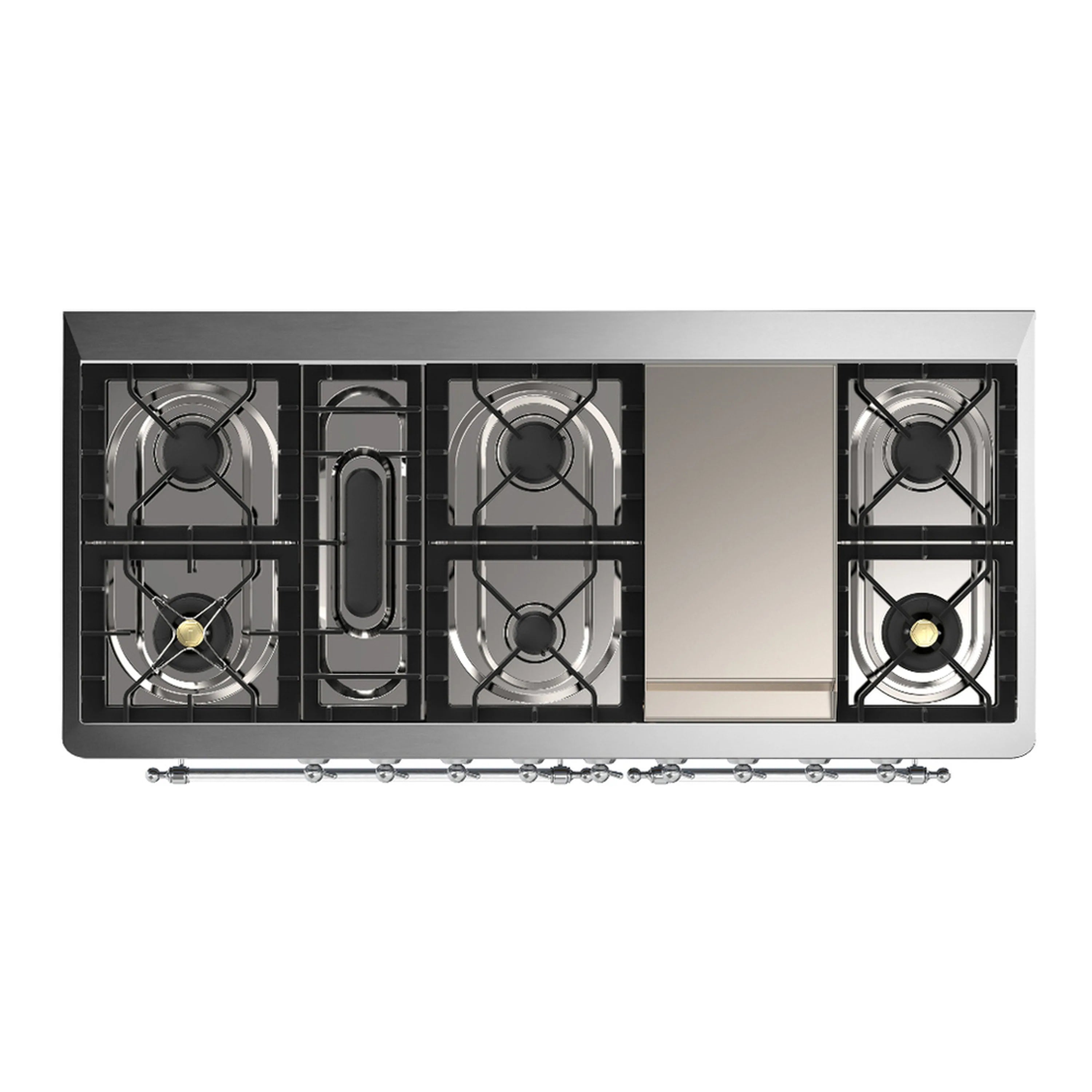 Dual fuel range cooktop view with five burners and black cast grates