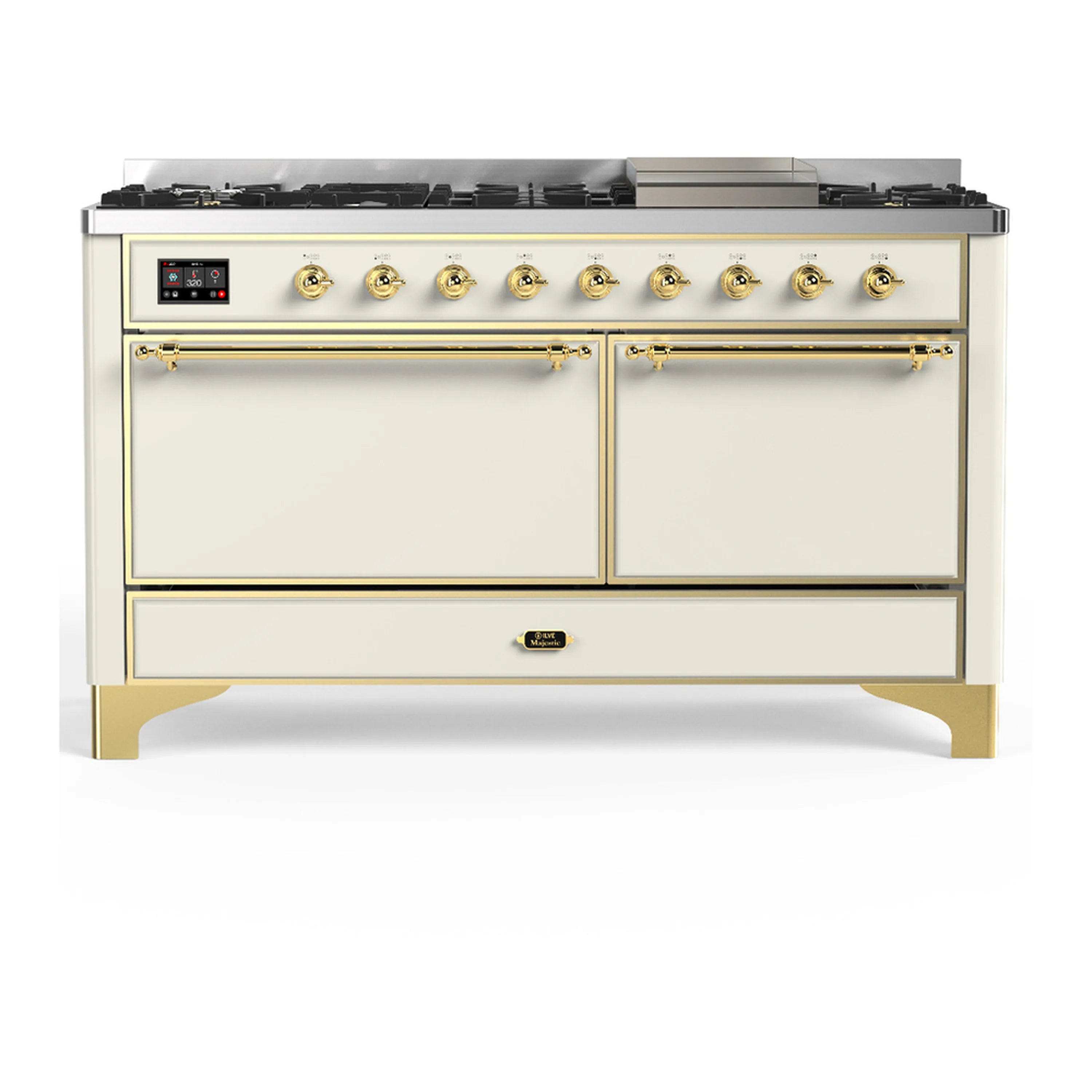 Antique white dual fuel range with brass trim, closed doors and control panel above