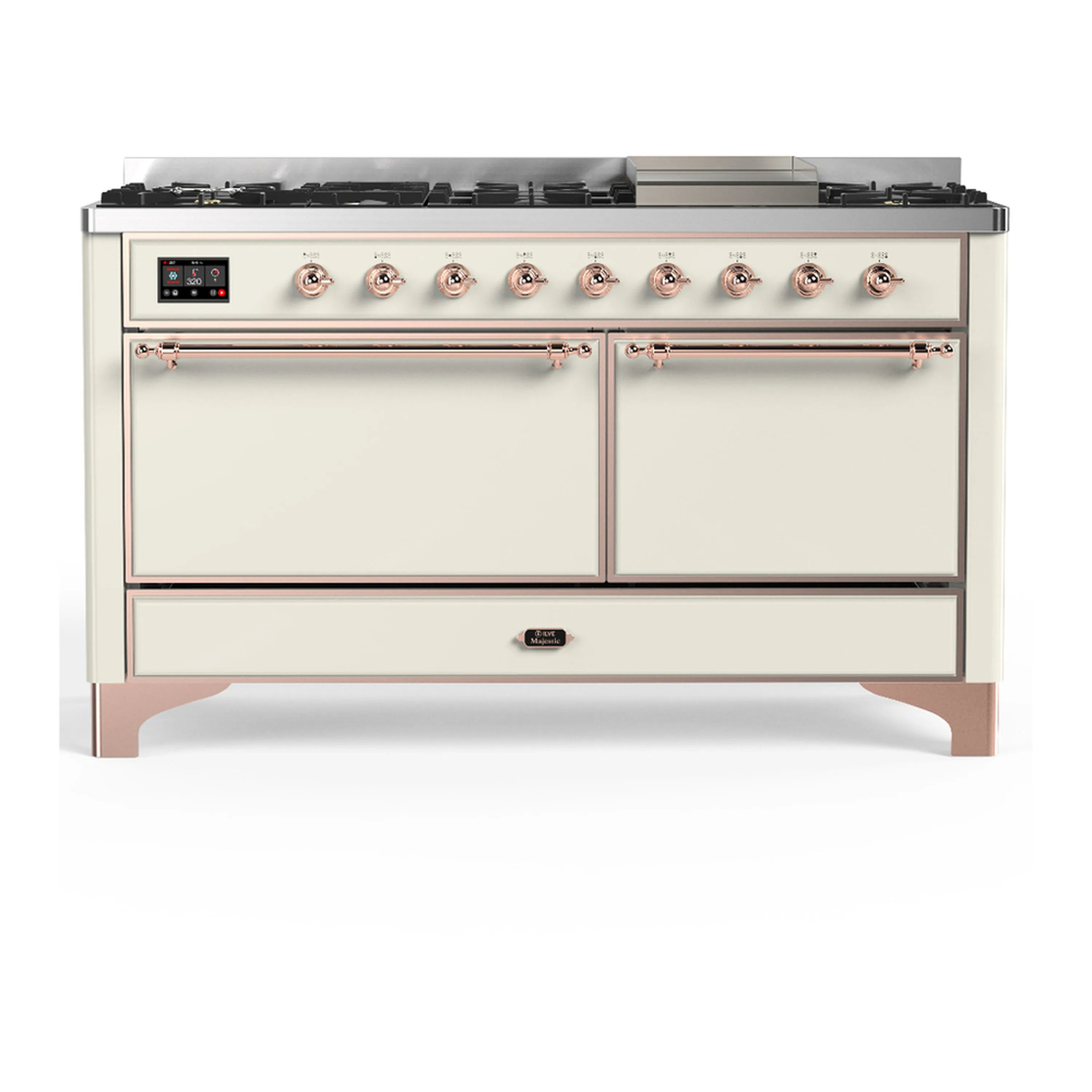 Antique white dual fuel range with copper trim, oven doors closed and front control panel