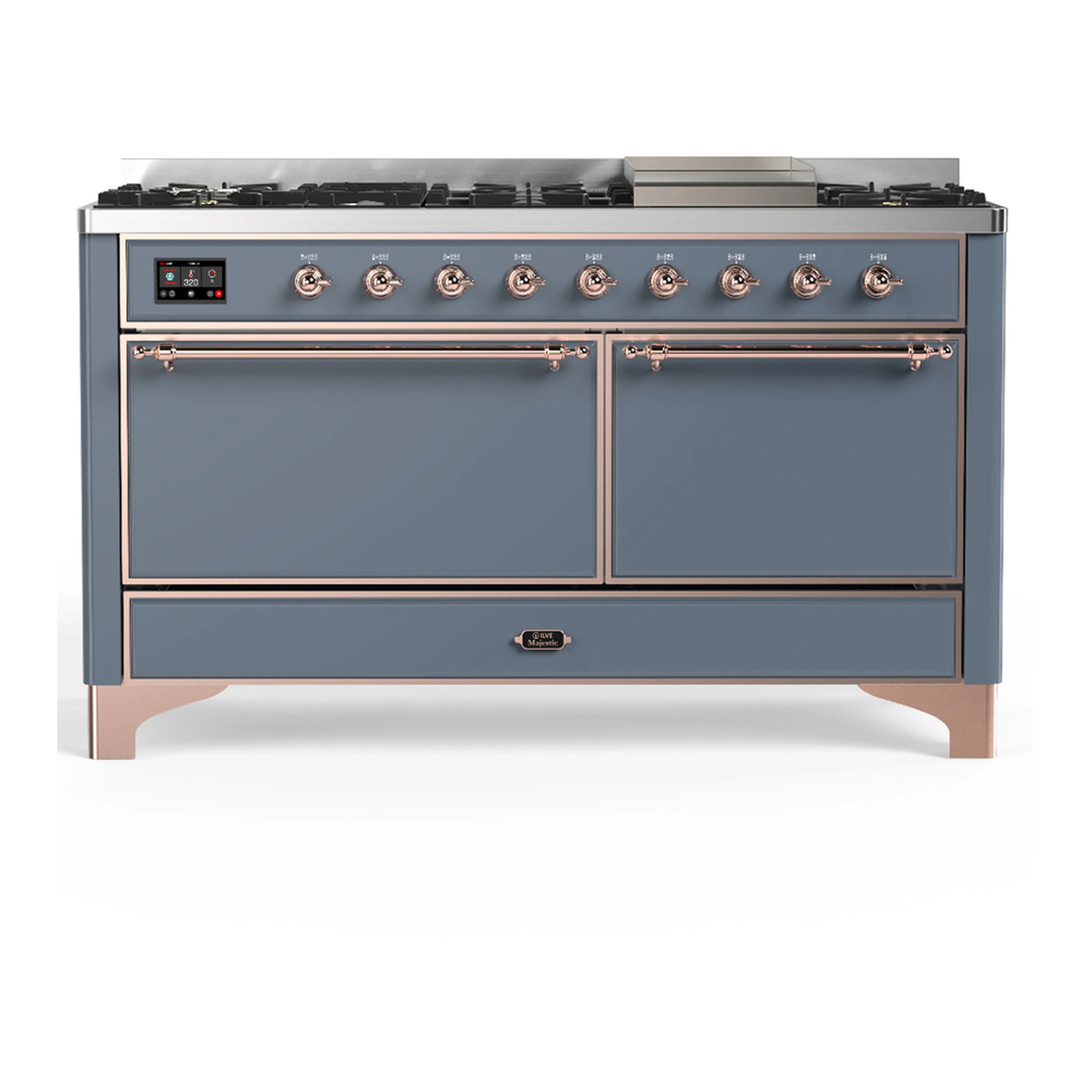 Blue grey dual fuel range front view with copper trim, knobs, and closed oven doors
