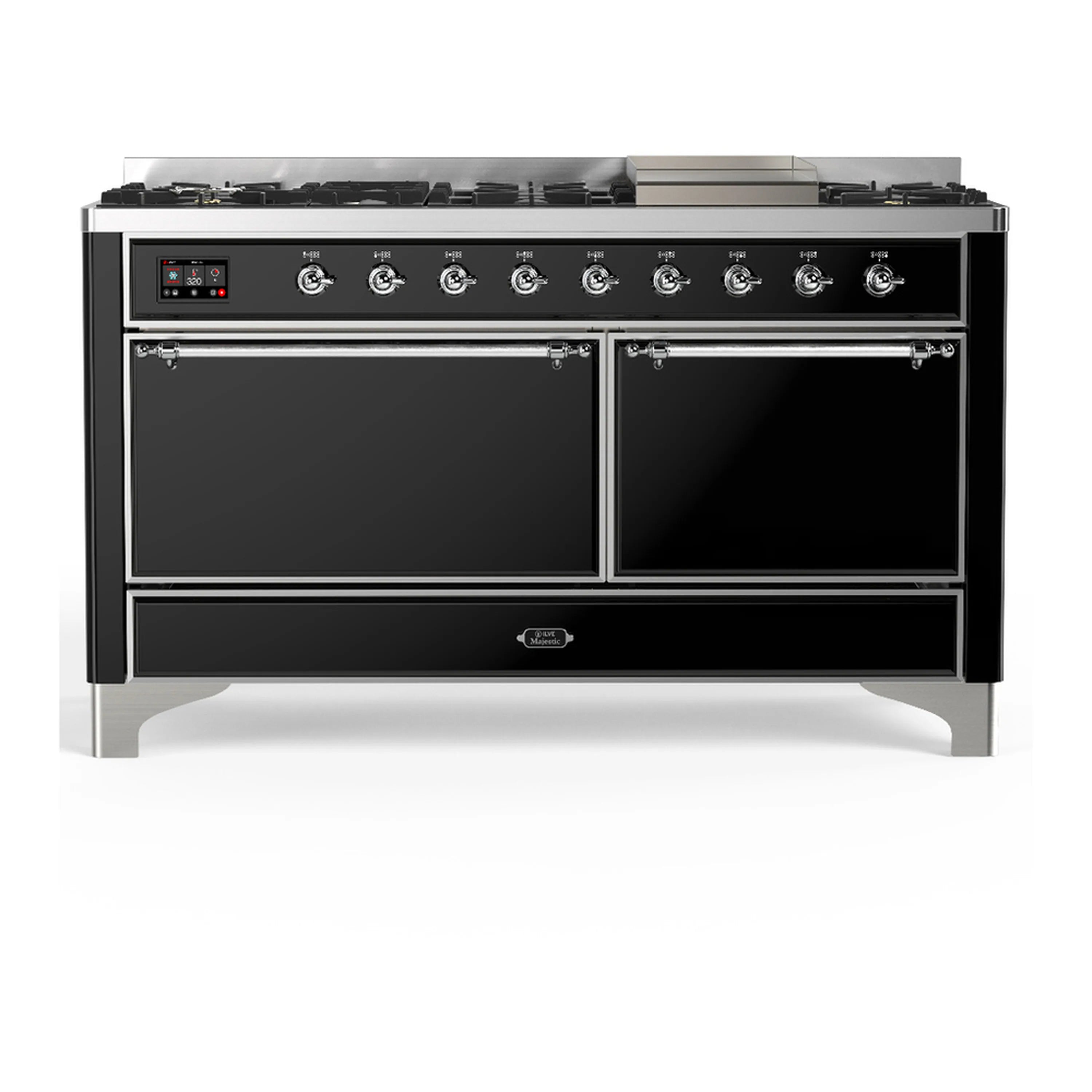 Glossy black dual fuel range front view with closed double oven doors