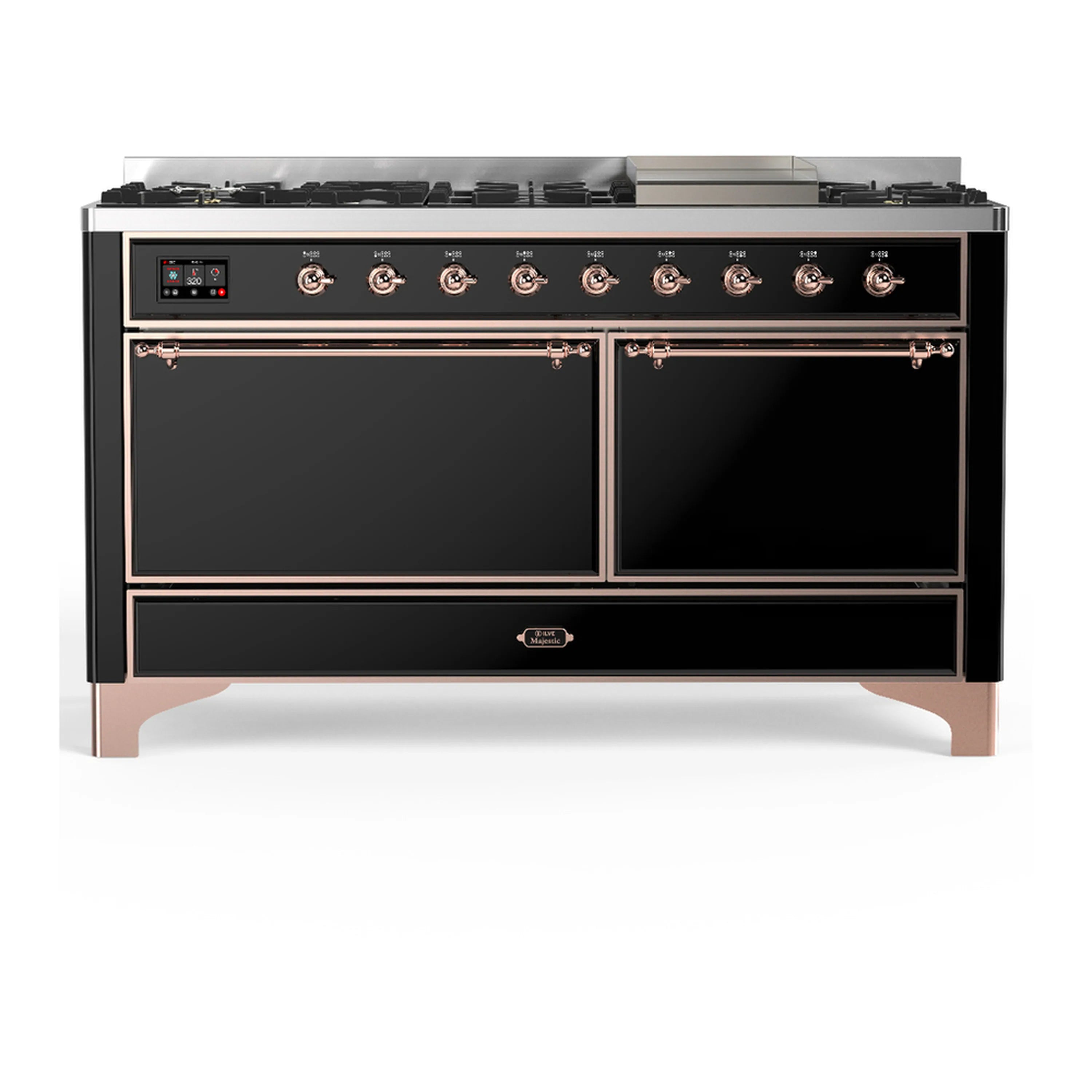 ILVE dual fuel range front view with two oven doors and control knobs, glossy black and copper