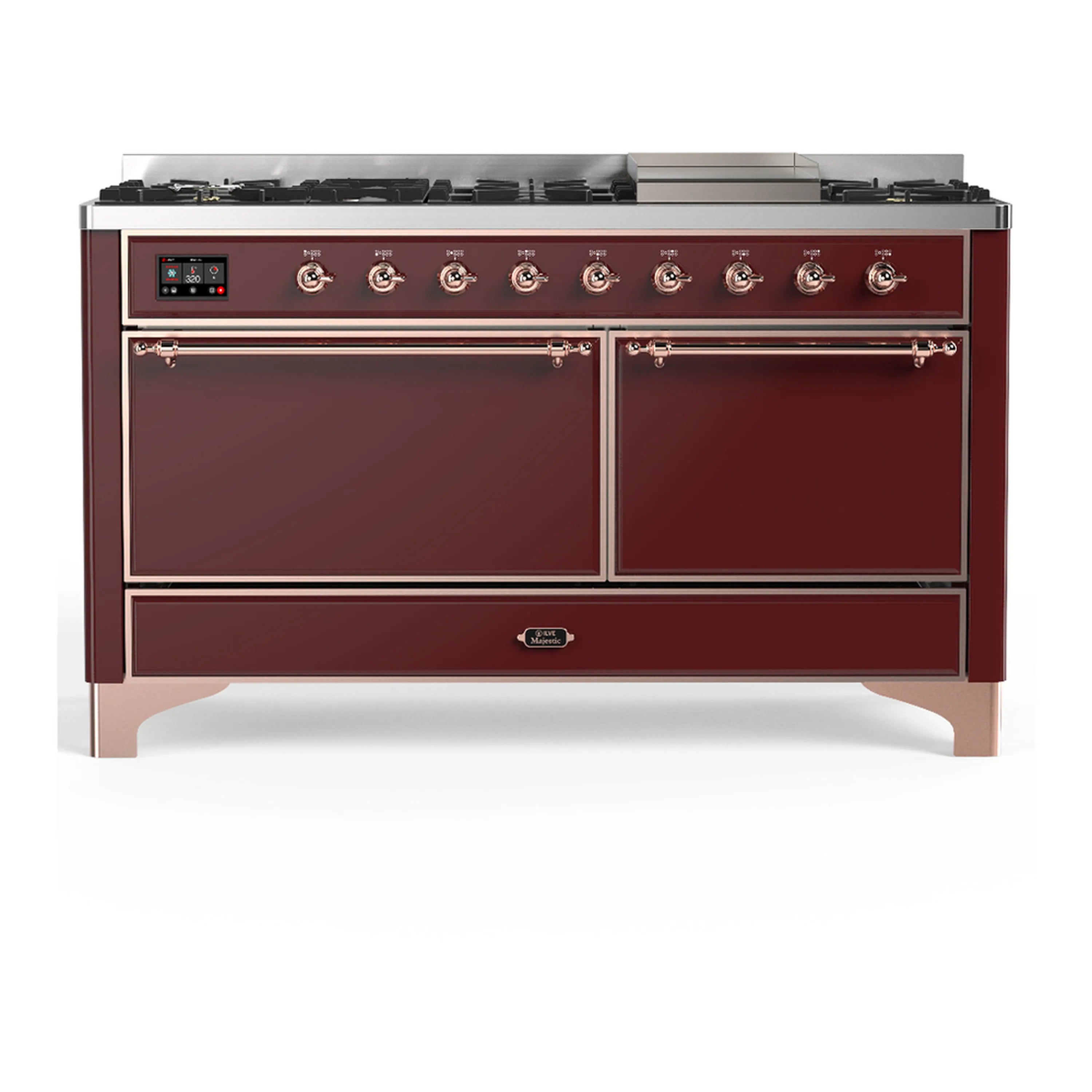 Burgundy dual fuel range with two closed oven doors and front control panel