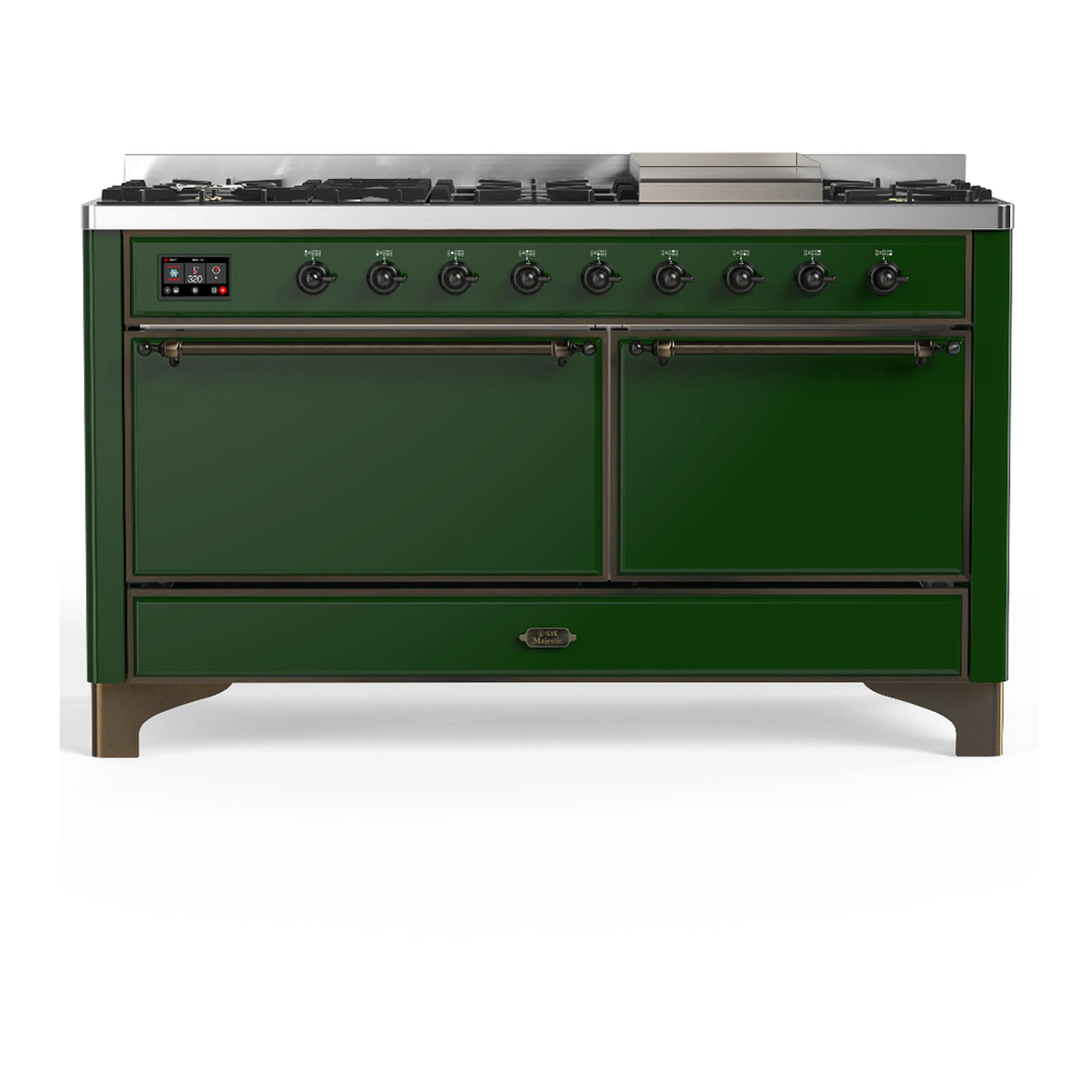 Emerald green dual oven range with two front doors closed and backlit control panel.