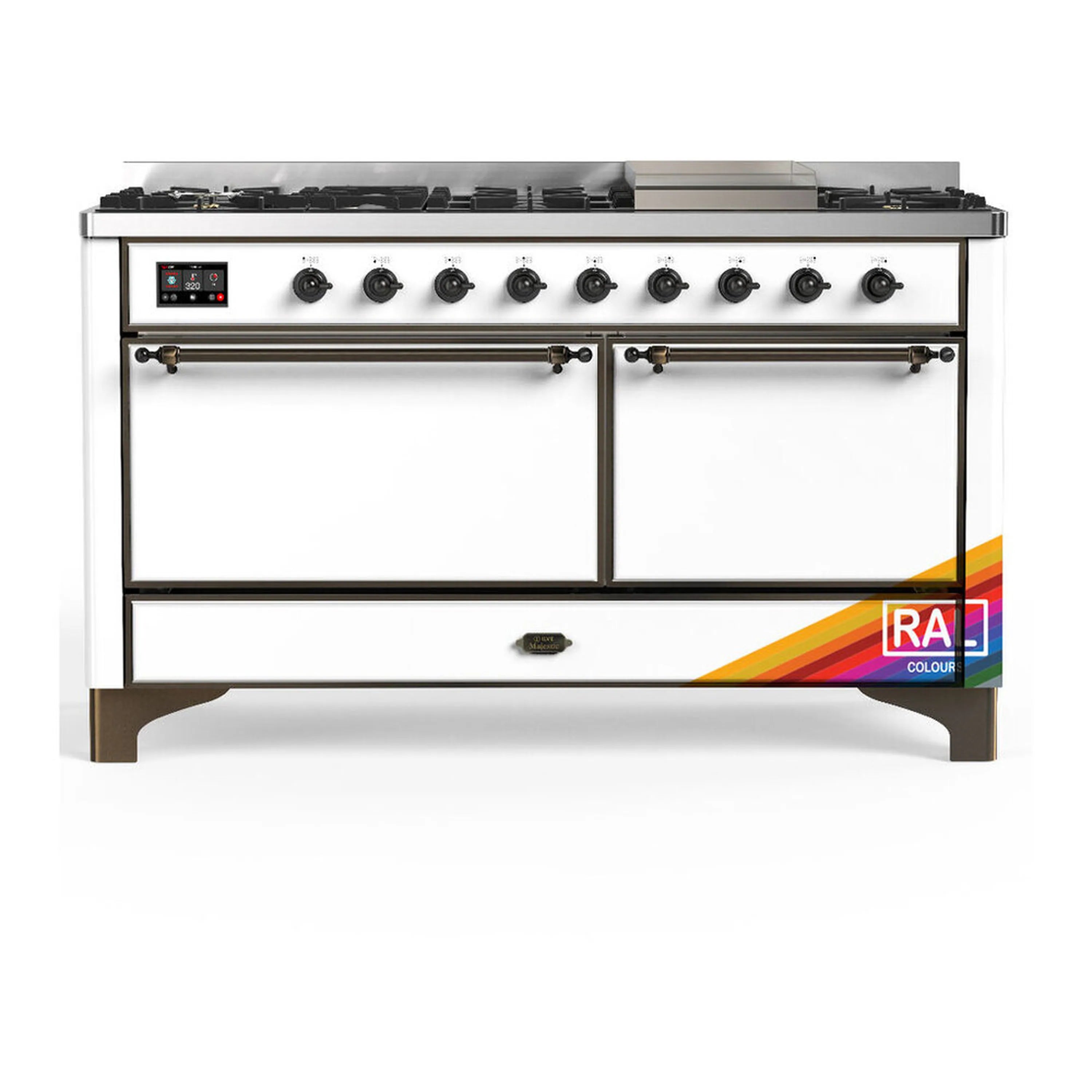 Dual fuel range with solid-door electric oven, white enamel and brass trim, gas burners