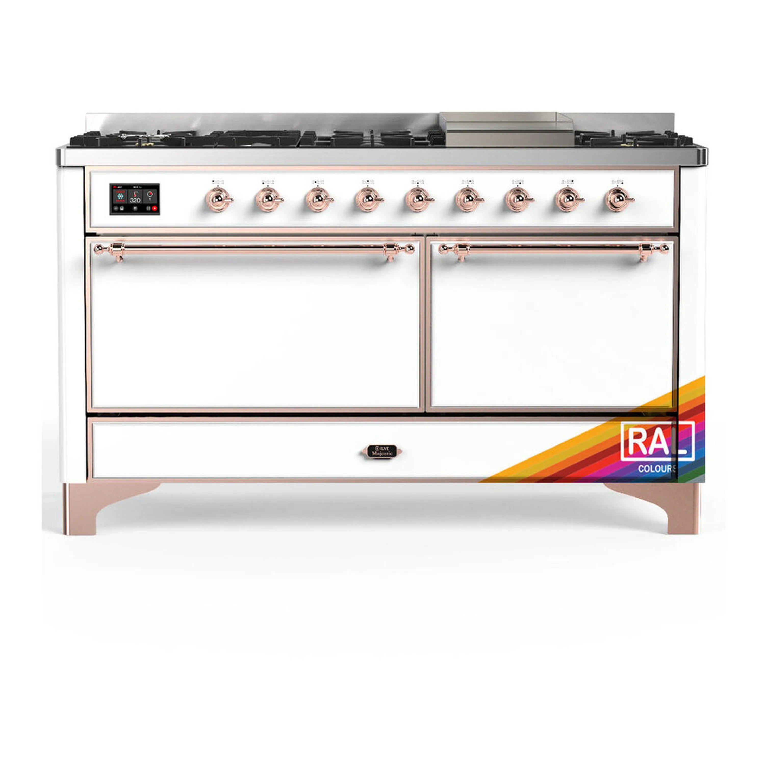 Dual fuel range, white cabinet with copper trim, gas burners, griddle, two oven doors
