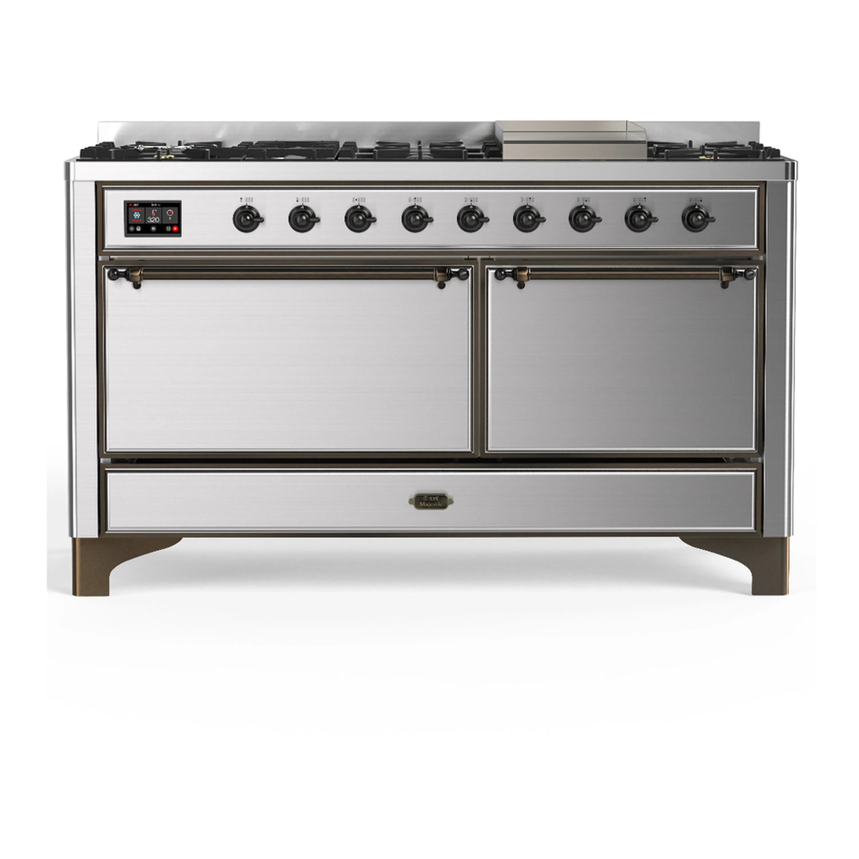 Stainless steel dual fuel range with black grates, control panel, and two oven doors