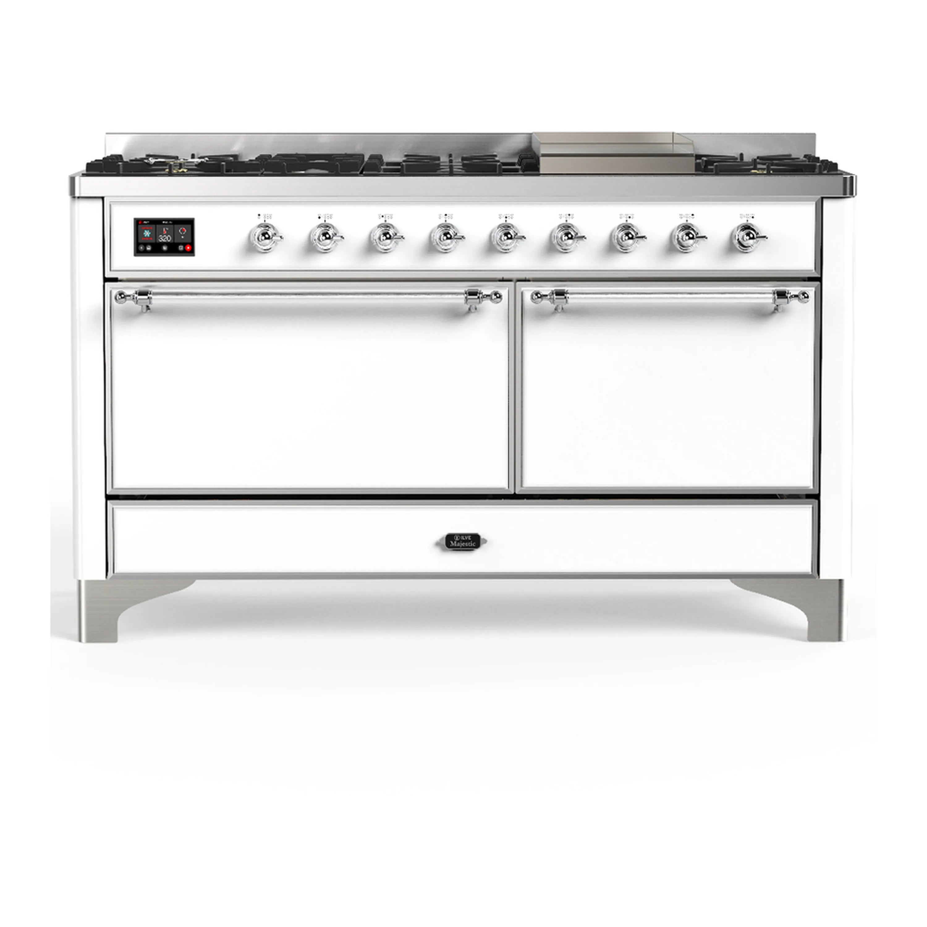 White dual fuel range with chrome trim, dual oven doors closed, and control knobs along top