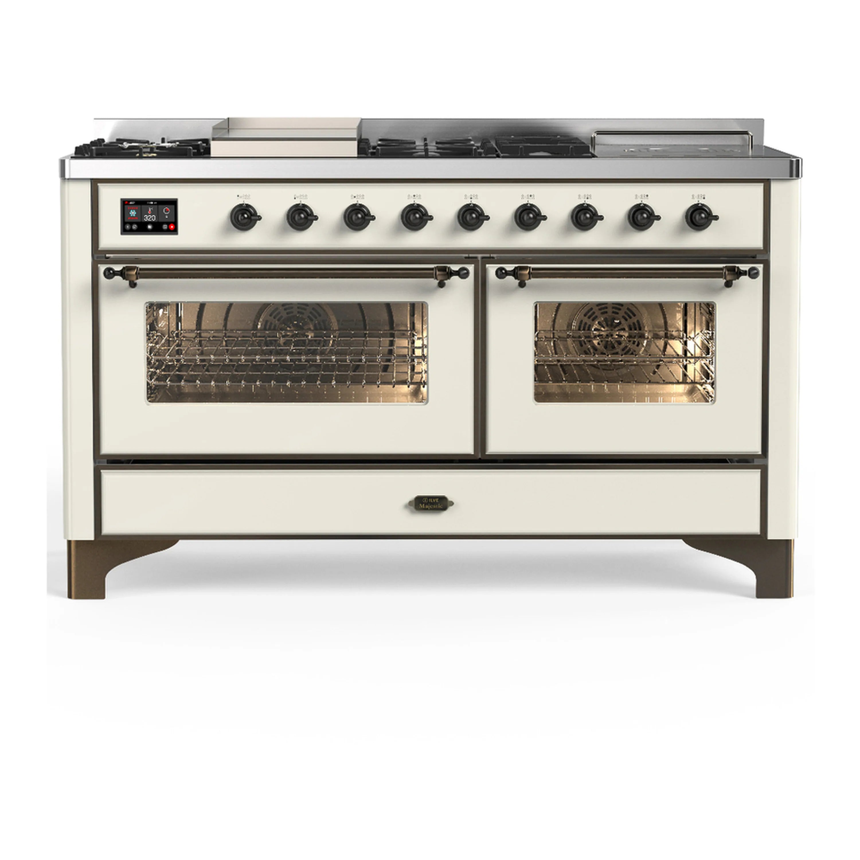 Antique white dual fuel range with two glass oven doors and center drawer, front view