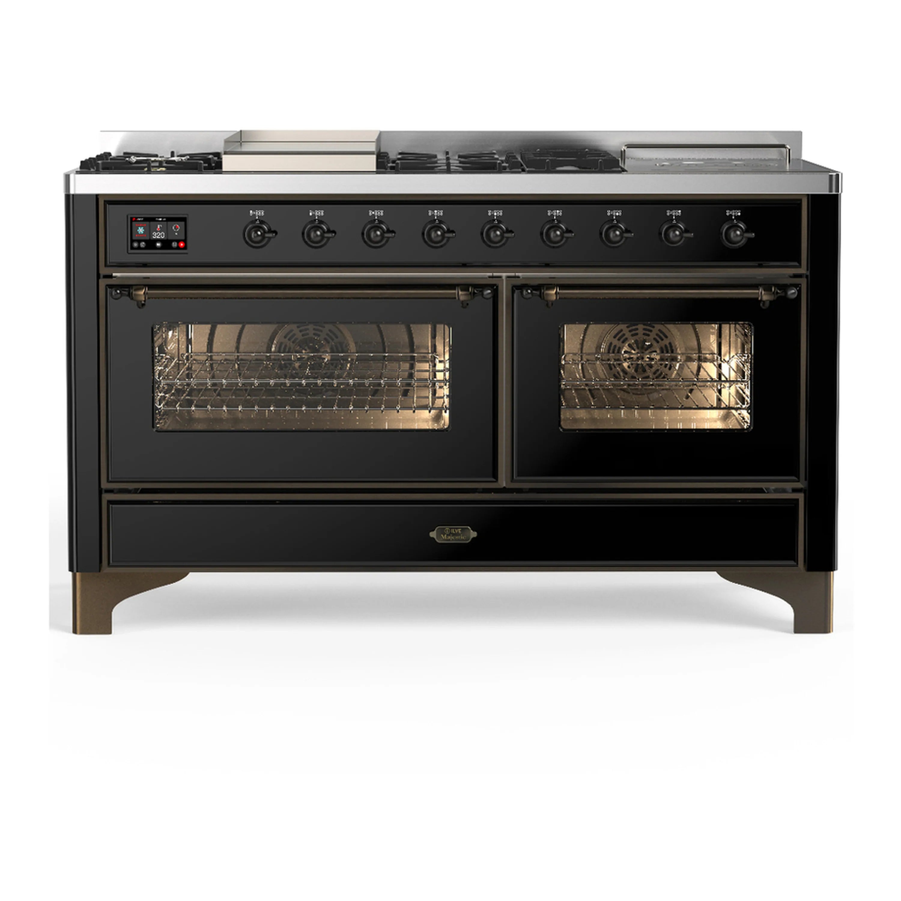 Glossy black dual fuel range with twin oven doors, control knobs, and brass trim