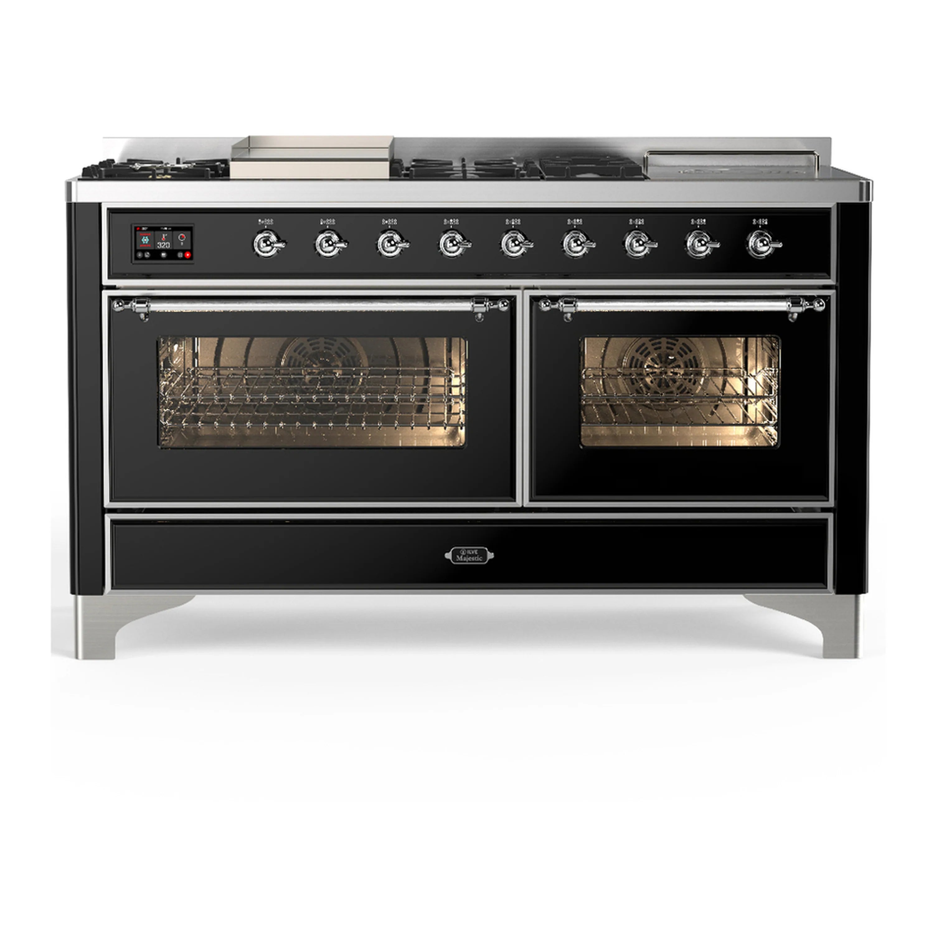 ILVE Majestic III dual fuel range in glossy black with chrome trim and dual glass oven doors