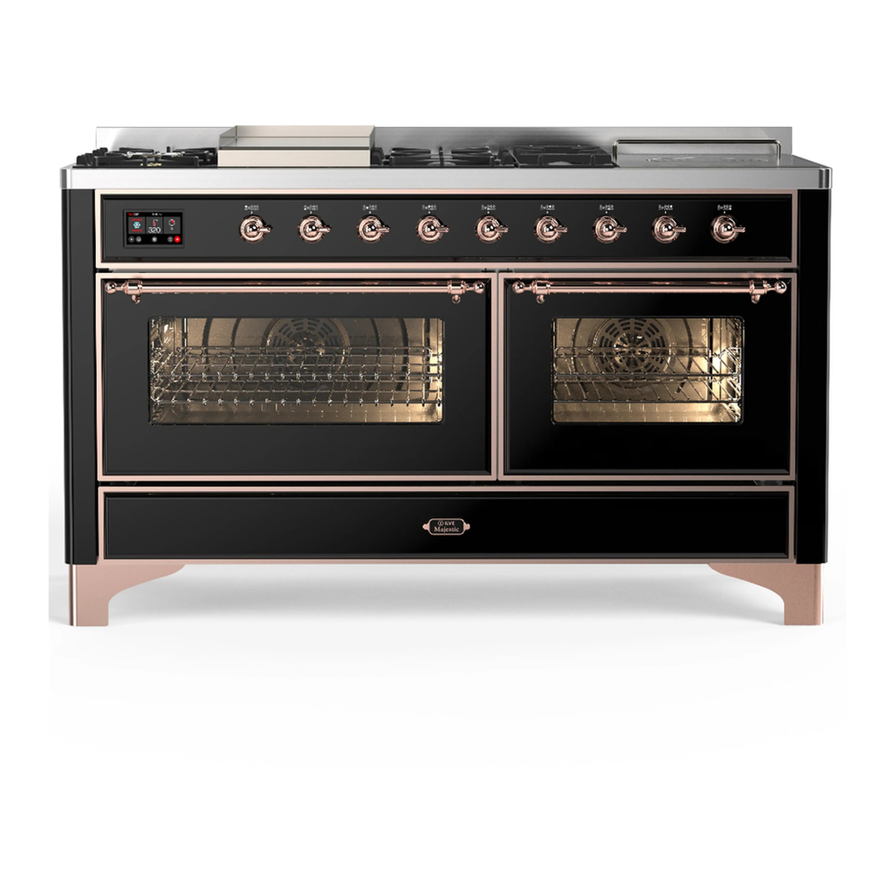 ILVE Majestic III dual fuel range in glossy black with copper trim and two oven doors