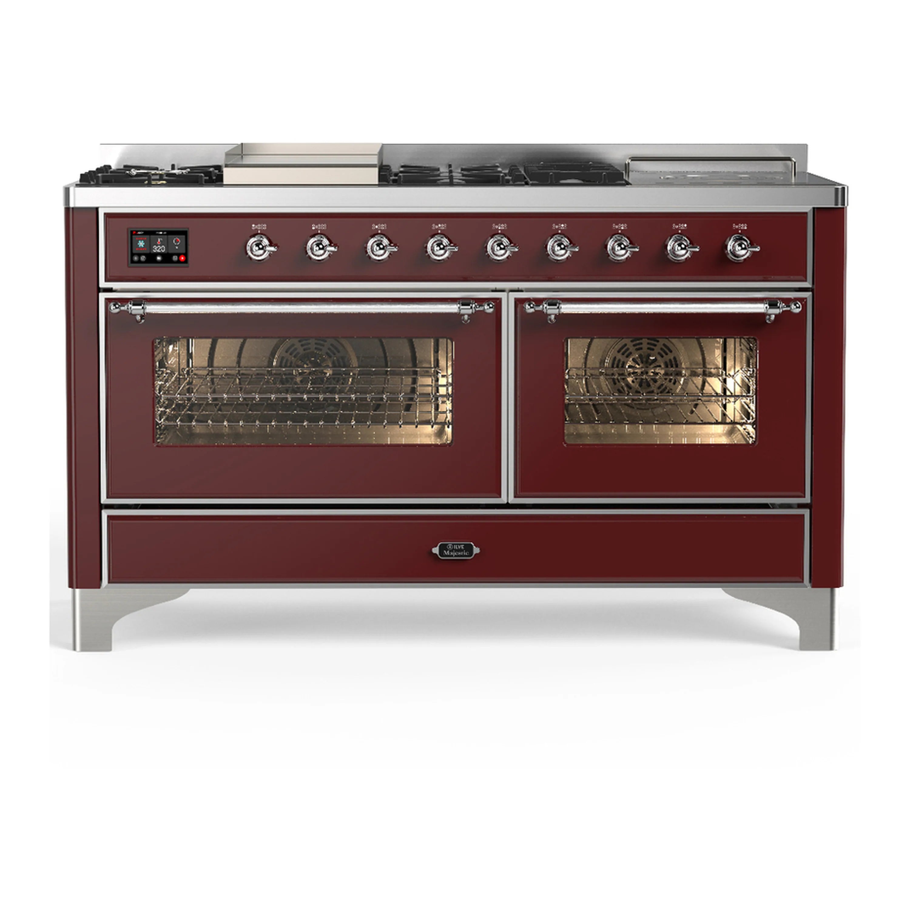 Burgundy dual fuel range with chrome trim, five burner knobs, and dual oven doors