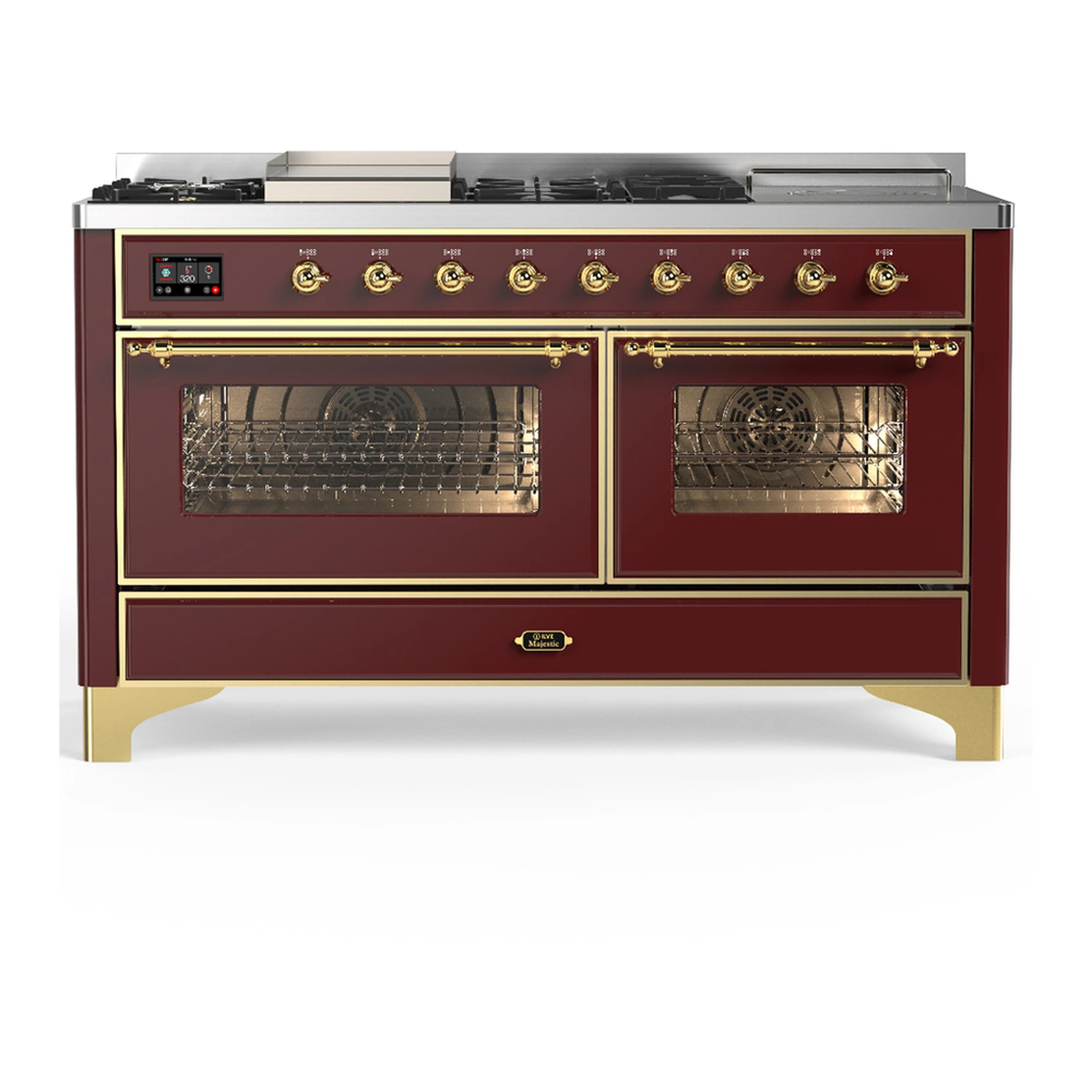 Burgundy dual fuel range with brass trim, dual oven doors and illuminated control panel.