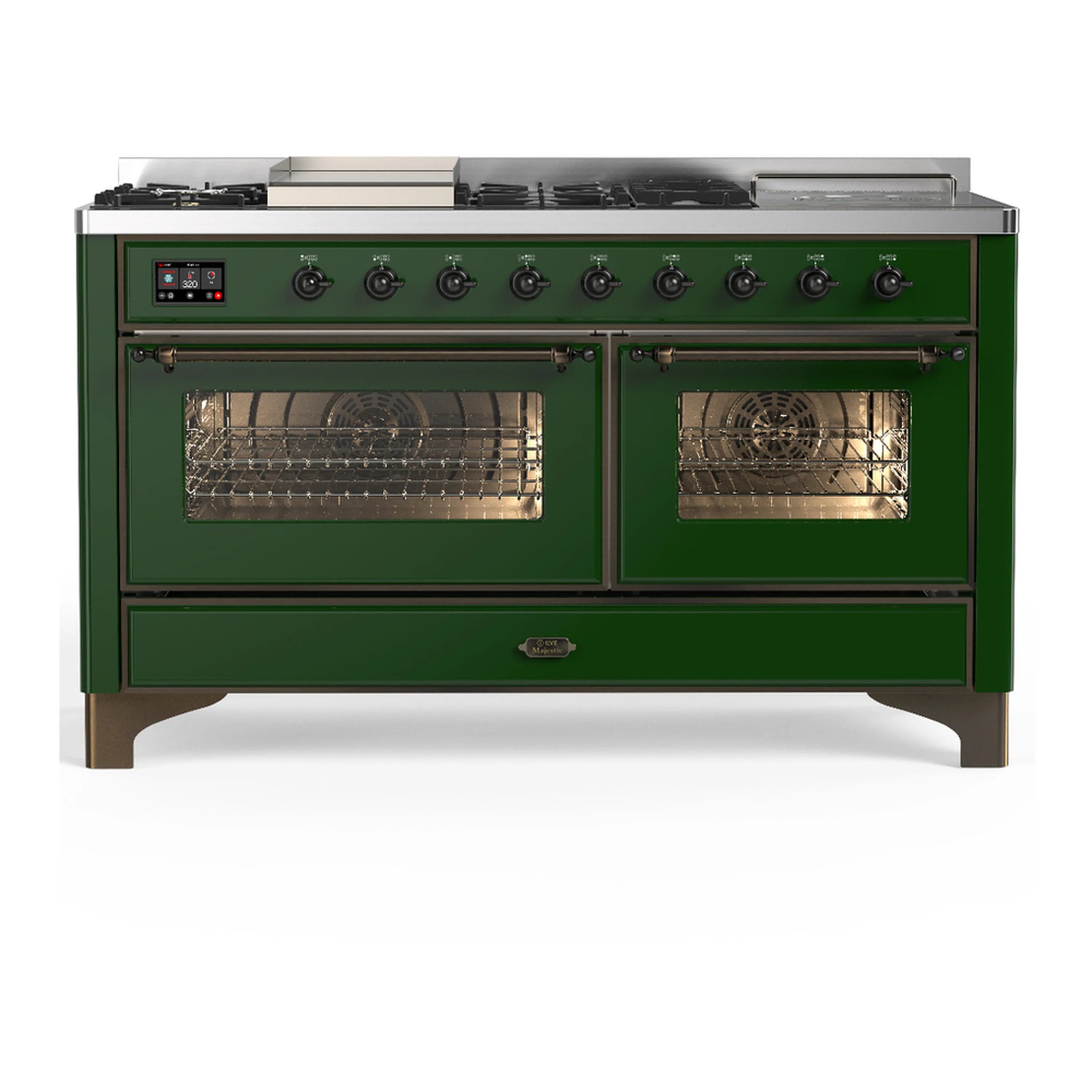 Emerald green dual fuel range with glass oven doors and burner control knobs