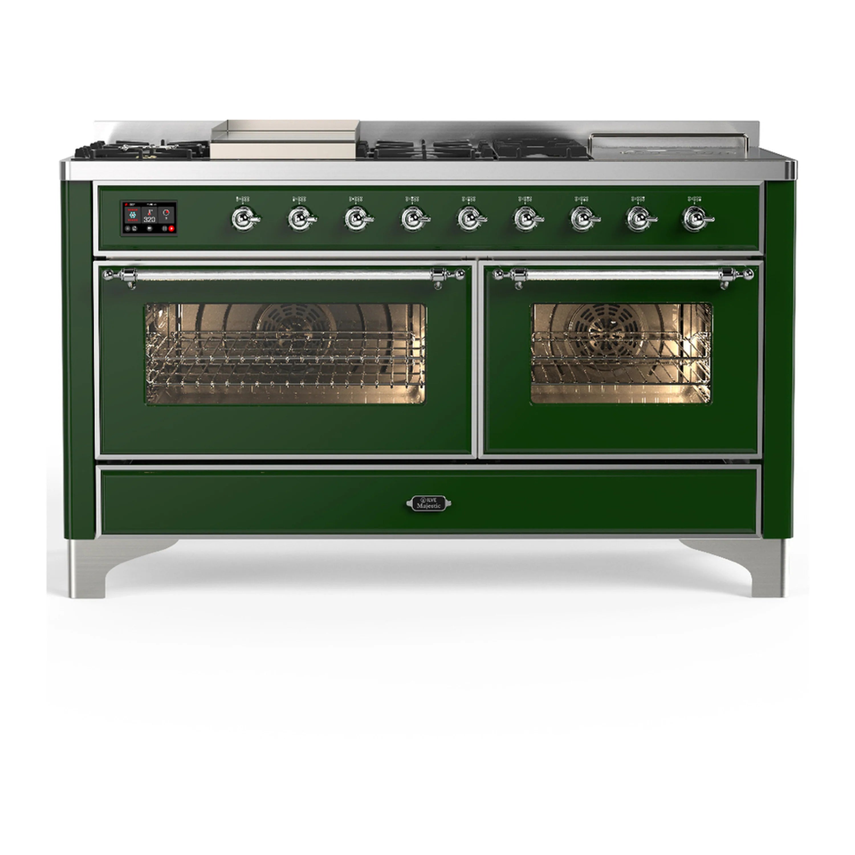 Emerald green dual fuel range with chrome trim, two oven doors with glass windows
